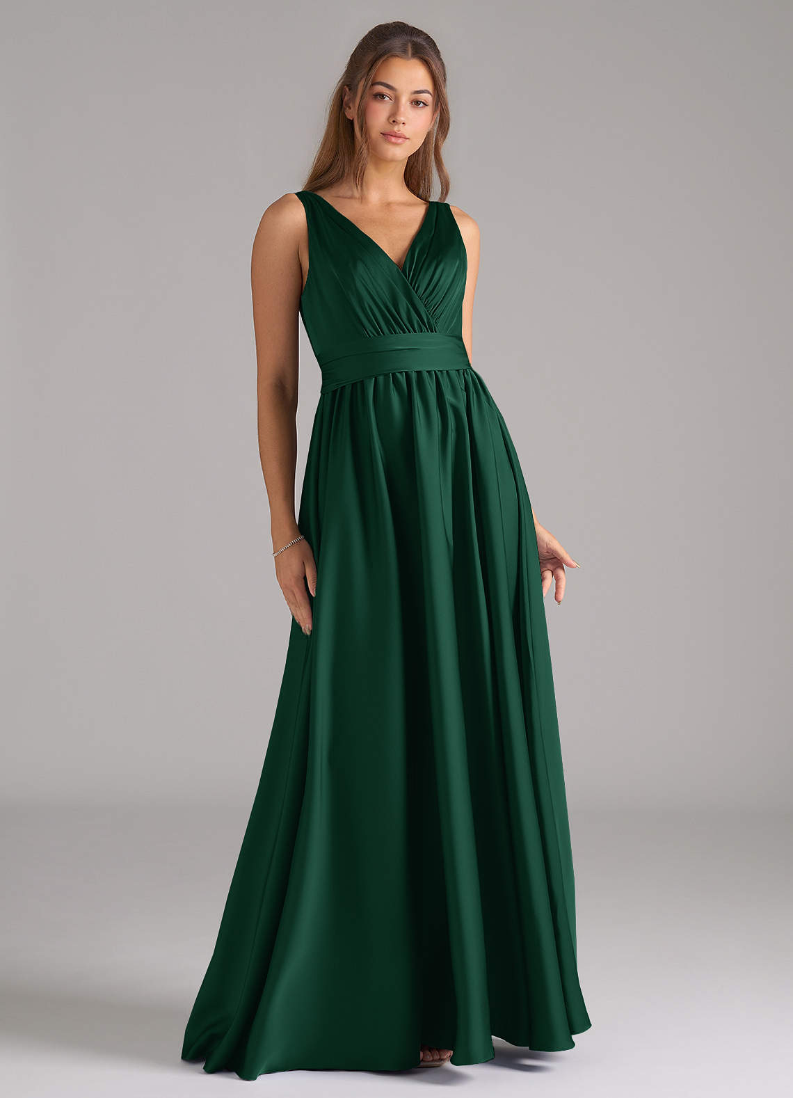 Azazie Kora Bridesmaid Dresses Dark Green A-Line Pleated Stretch Satin Dress image1