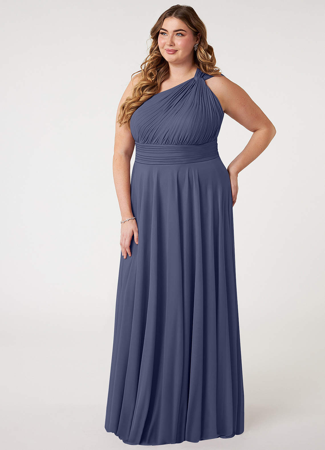 Azazie Charlize Bridesmaid Dresses Stormy A-Line One Shoulder Mesh Dress image7