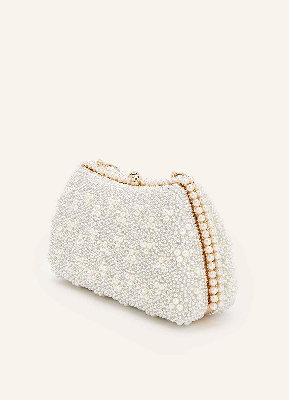 front Matching Color Matte Satin Pearl and Bow Pointed Toe Block Heels & Beaded Clutch Set