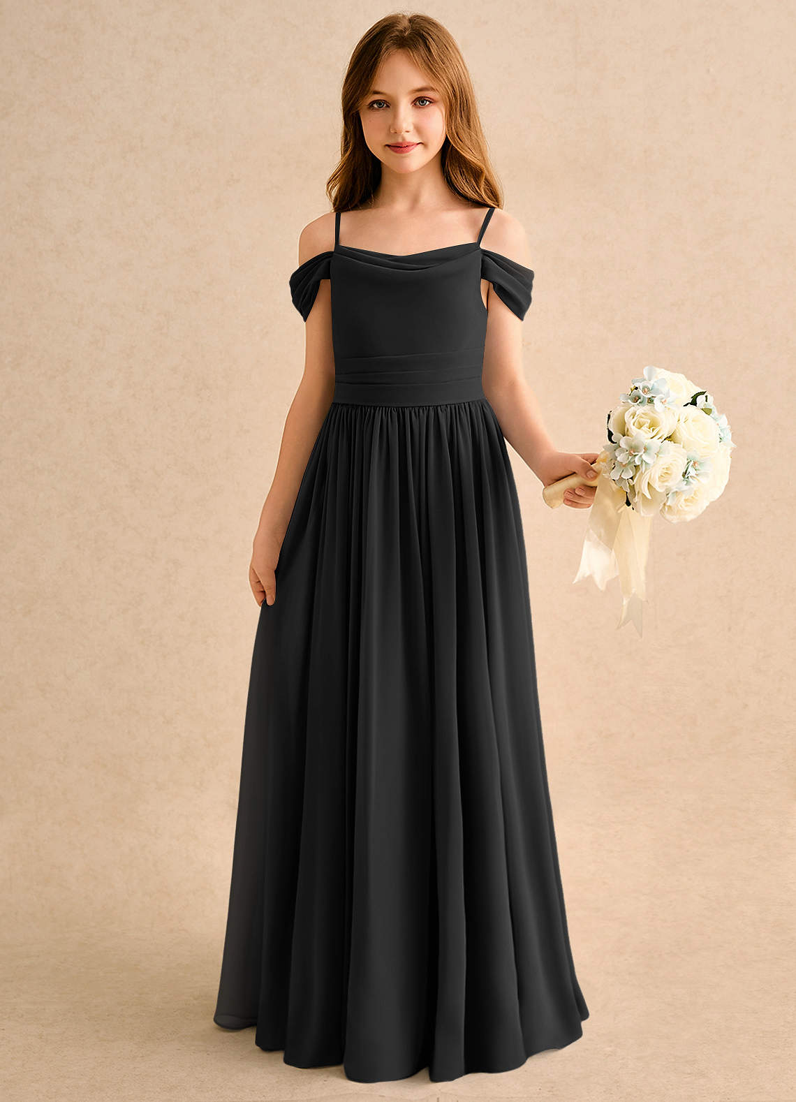 Azazie Shia Girls Formal Flower Girl Dresses Black A-Line Off the Shoulder Chiffon Dress image3