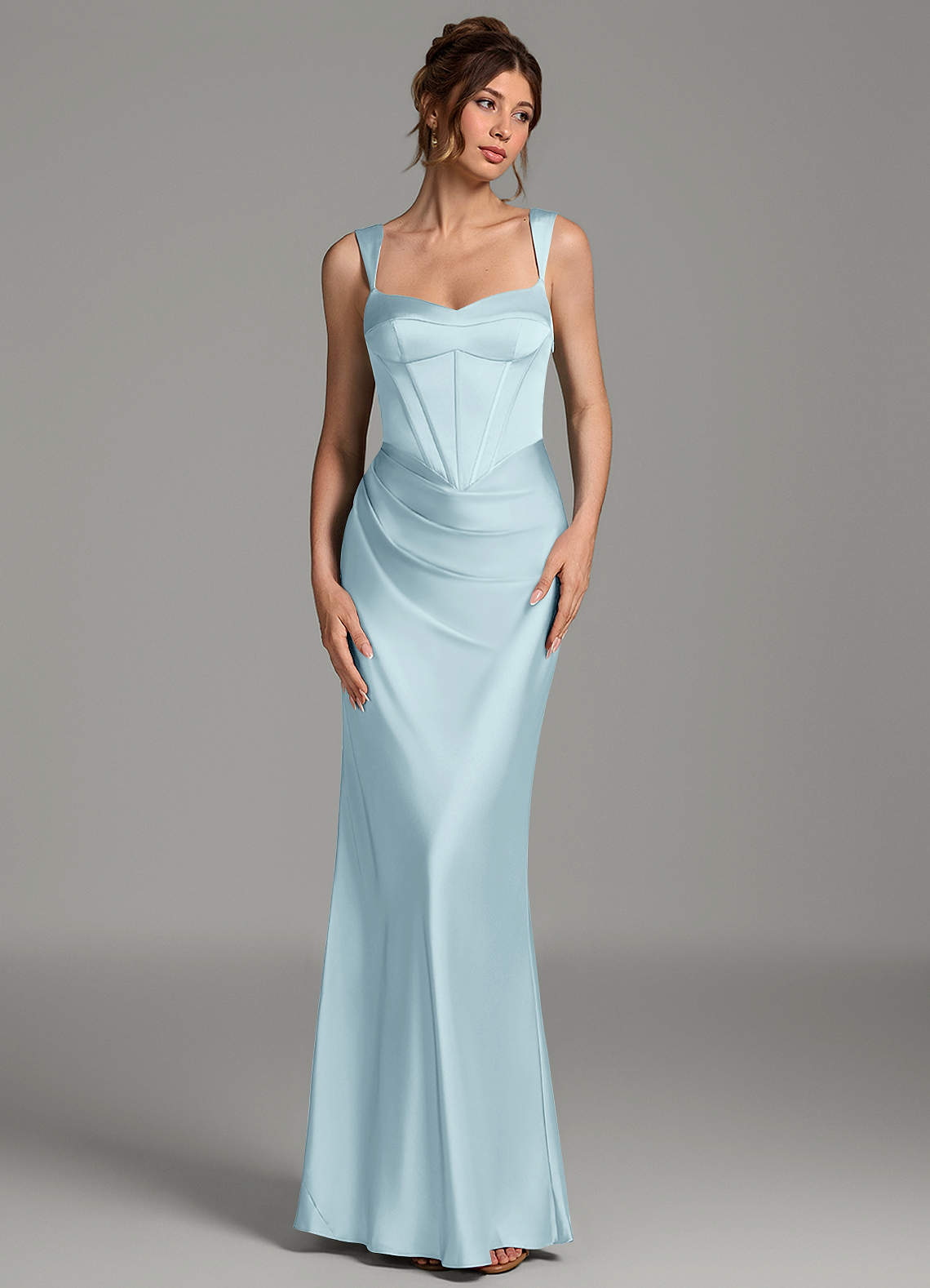 Azazie Mela Cloud Blue Stretch Satin Bridesmaid Dresses