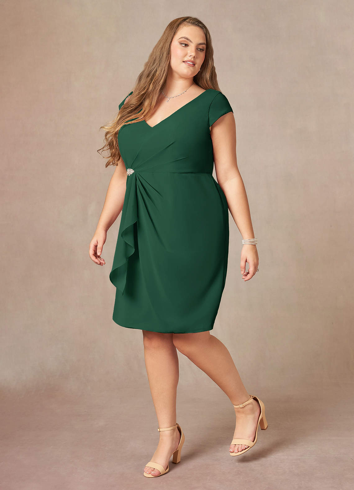 Azazie Nola Dark Green Sheath V-Neck Pleated Chiffon Dress