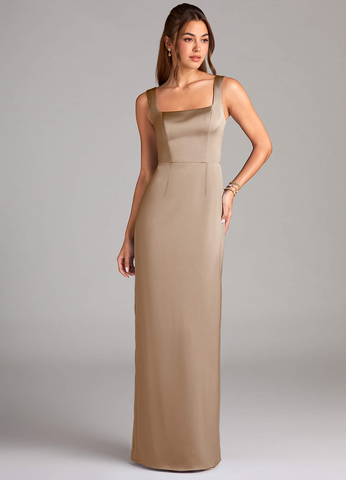 Azazie Flori Bridesmaid Dresses Taupe Sheath Side Slit Stretch Satin Dress image1