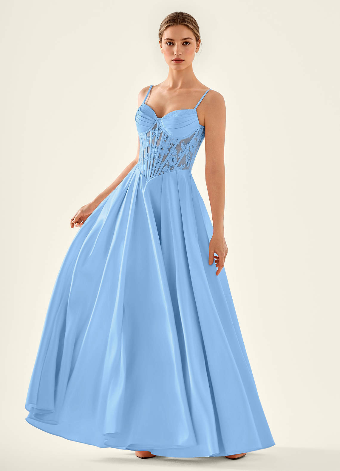 Azazie Plus Size 2026 Modest Lace Up Lace A-Line Prom Dress Light Blue Gown