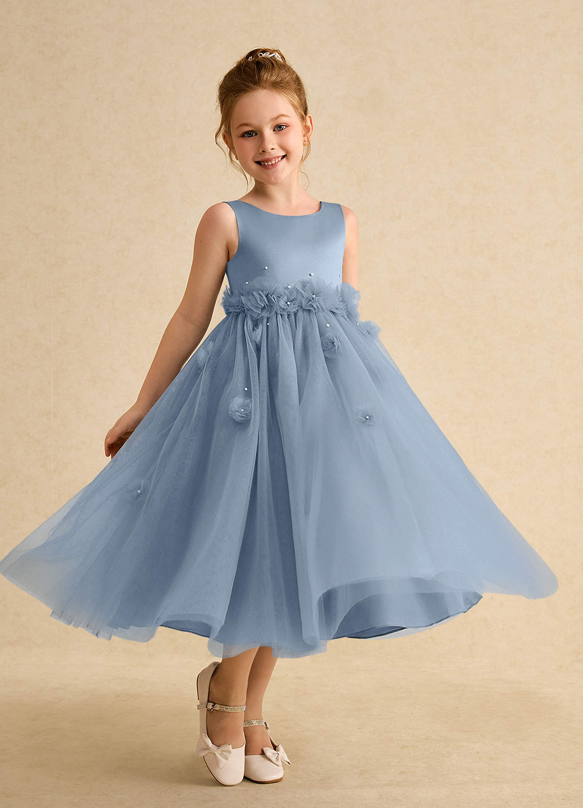 Azazie Lux Flower Girl Dresses Dusty Blue A-Line Beaded Tulle Dress image1