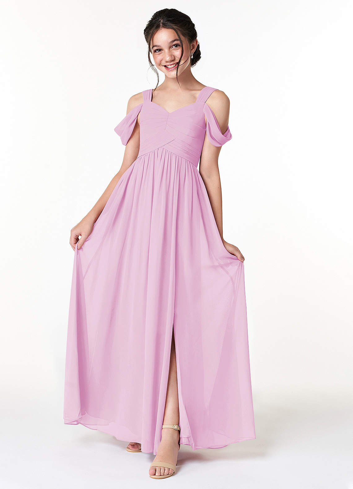 Azazie Lianne Junior Vestido de Rosa Caramelo de Gasa de Corte En A con Vestidos sin tirantes image1