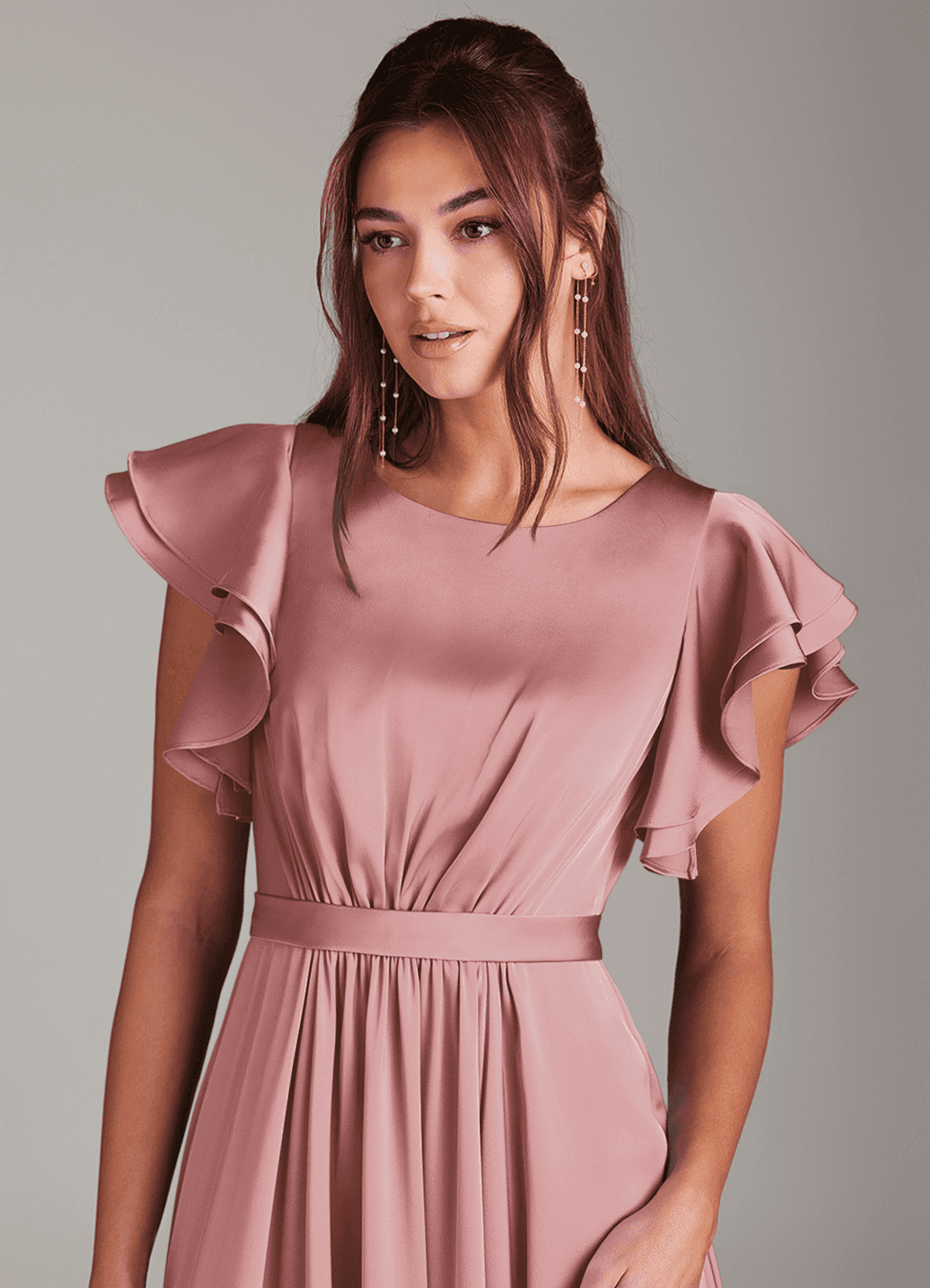 Azazie Daphne Modest Bridesmaid Dresses A-Line Ruched Stretch Satin Floor-Length Dress image3