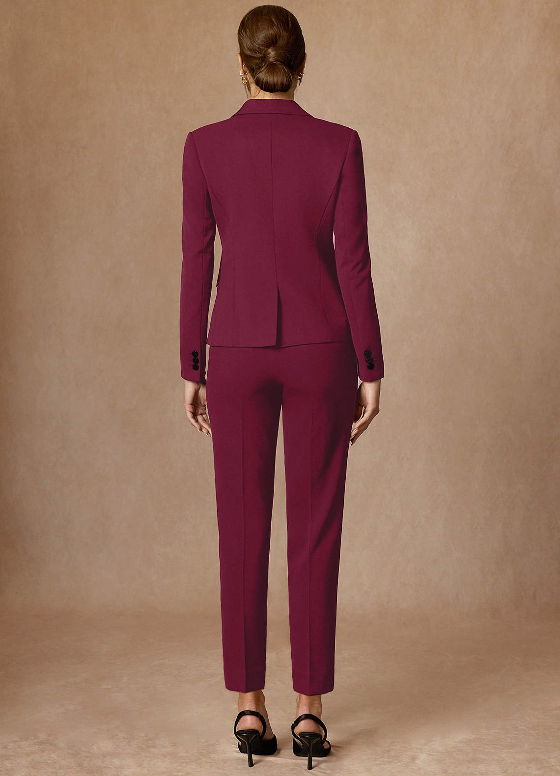 front Whitney Burgundy Structured Stretch Full Length Dress Pants
