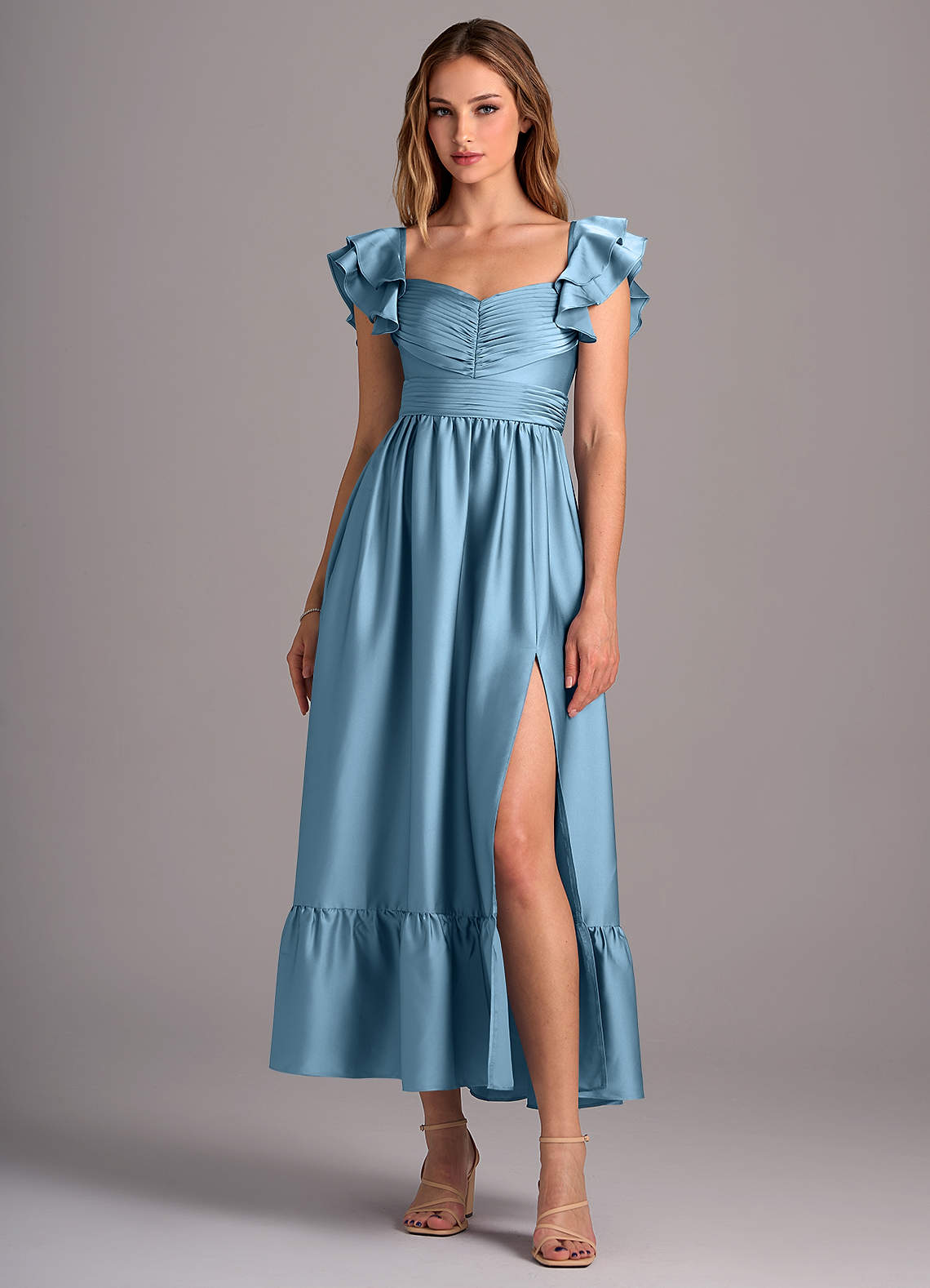 Azazie Anaya Bridesmaid Dresses Steel Blue A-Line Sweetheart Neckline Stretch Satin Convertible Dress image1