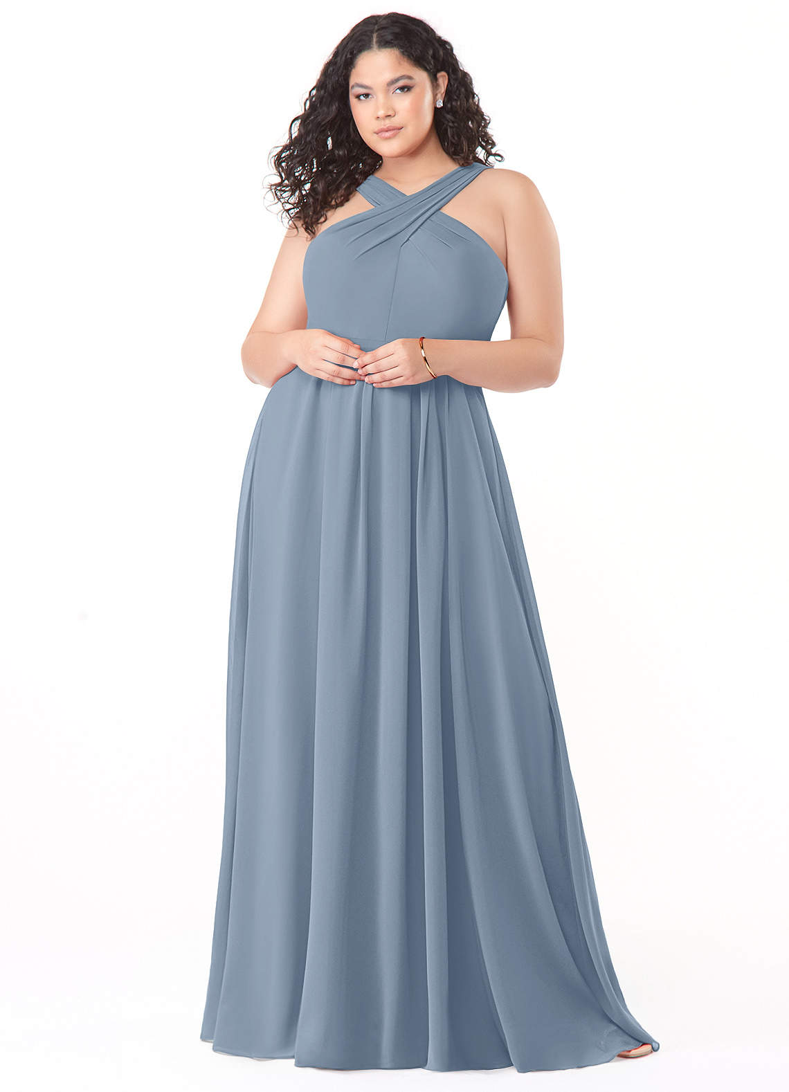 Azazie Dixie Bridesmaid Dresses Dusty Blue A-Line Halter Pleated Chiffon Dress image1