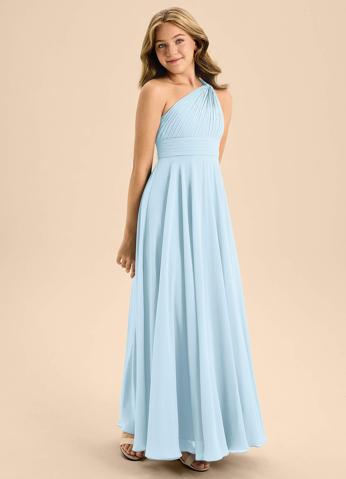Azazie Charlize Junior Abito A-Line in Chiffon Plissettato Azzurro image4