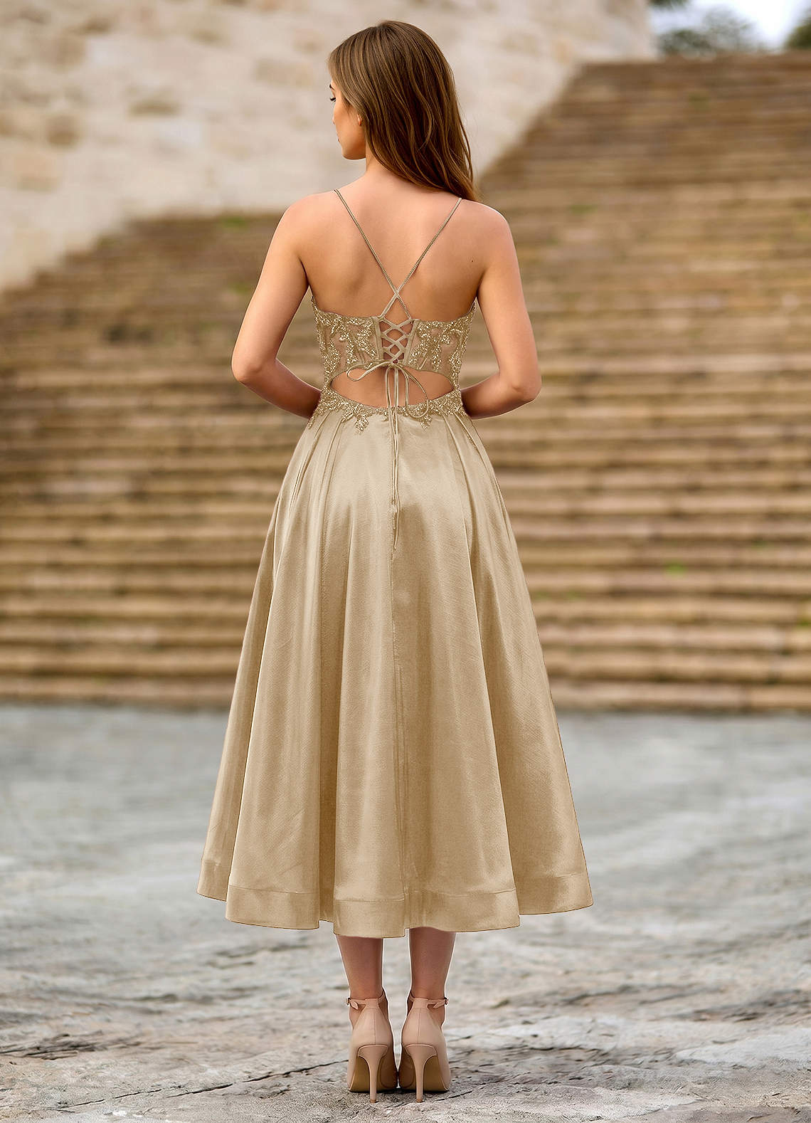 champagne and lace bridesmaid dresses Lace Up A-Line Champagne Bridesmaid Dress with Slit BD122 US4 / Custom Color main image 1