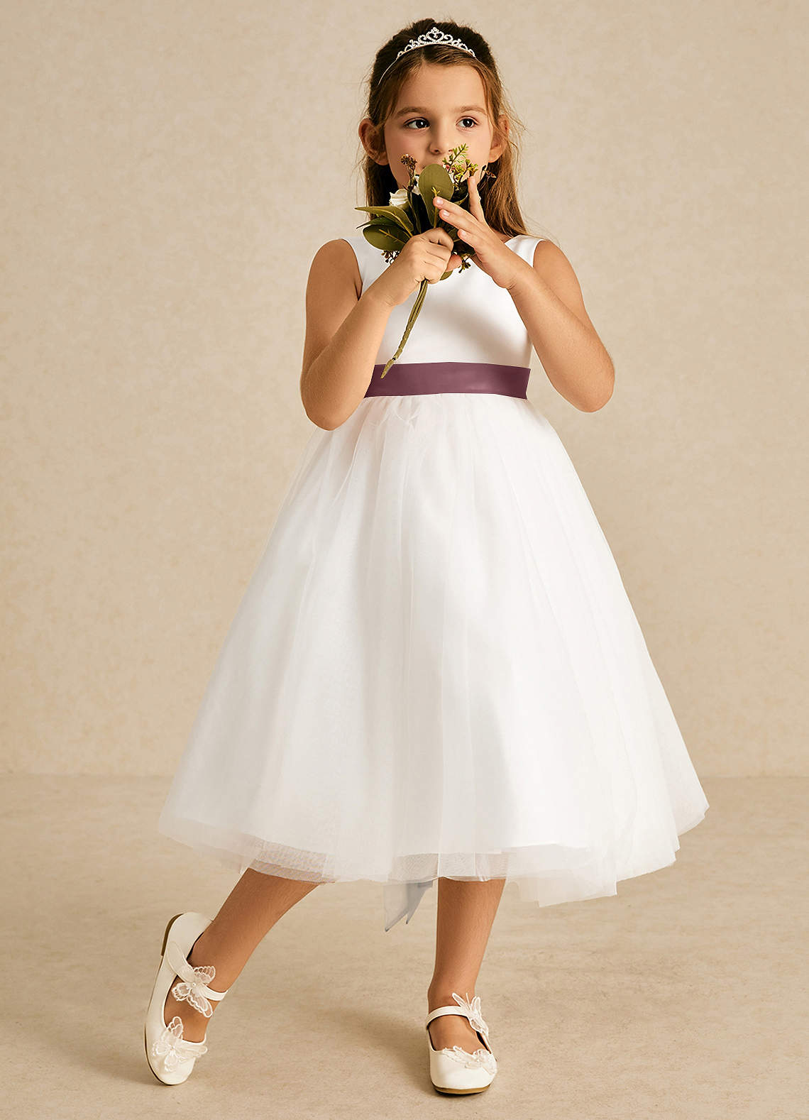 Azazie Kavi Flower Girl Dresses Ivory Sangria A-Line Bow Matte Satin Dress image2
