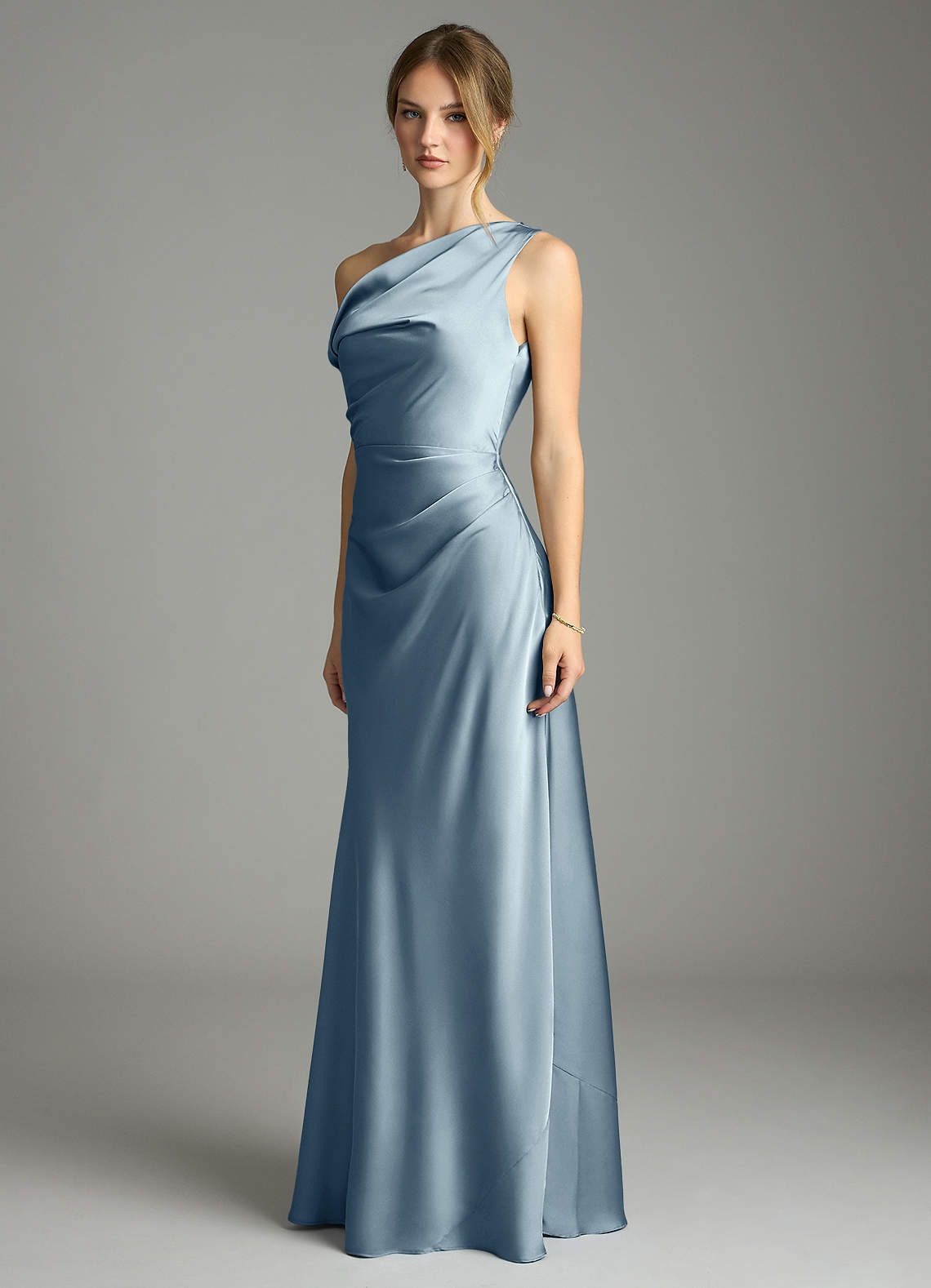 Azazie Emerson Bridesmaid Dresses Dusty Blue Mermaid Off the Shoulder Stretch Satin Dress image3