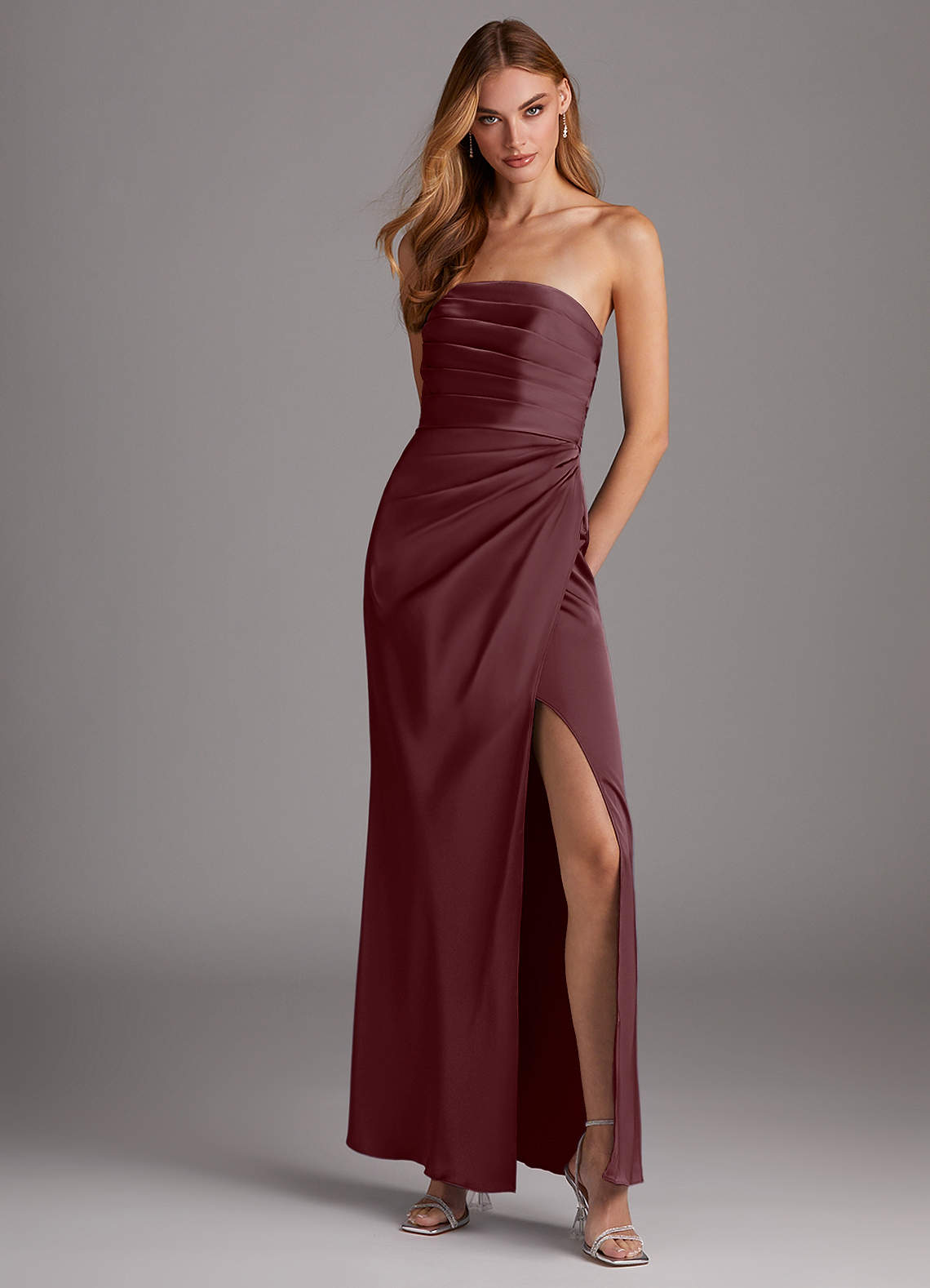 Azazie Lexie Bridesmaid Dresses Sangria Sheath Strapless Stretch Satin Convertible Dress image1