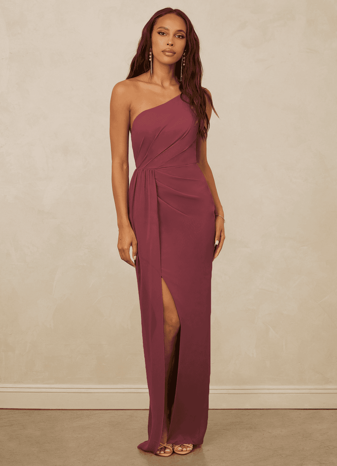 Christian Siriano Bridal for Azazie 1003 Bridesmaid Dresses Merlot Sheath One Shoulder Chiffon Dress image1