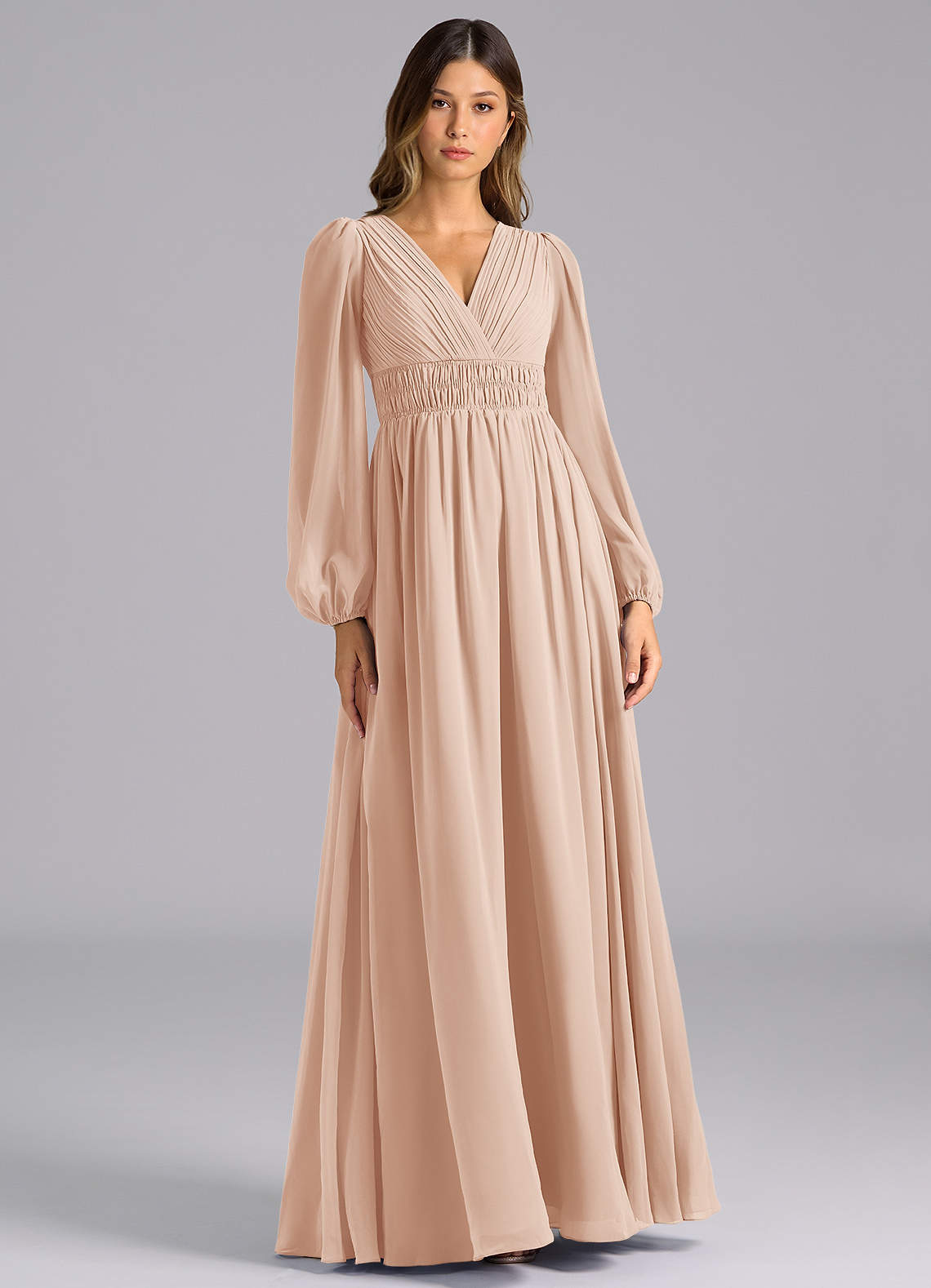 Azazie A-Line V-Neck Long Sleeve Floor-Length Chiffon Bridesmaid Dresses - English Rose