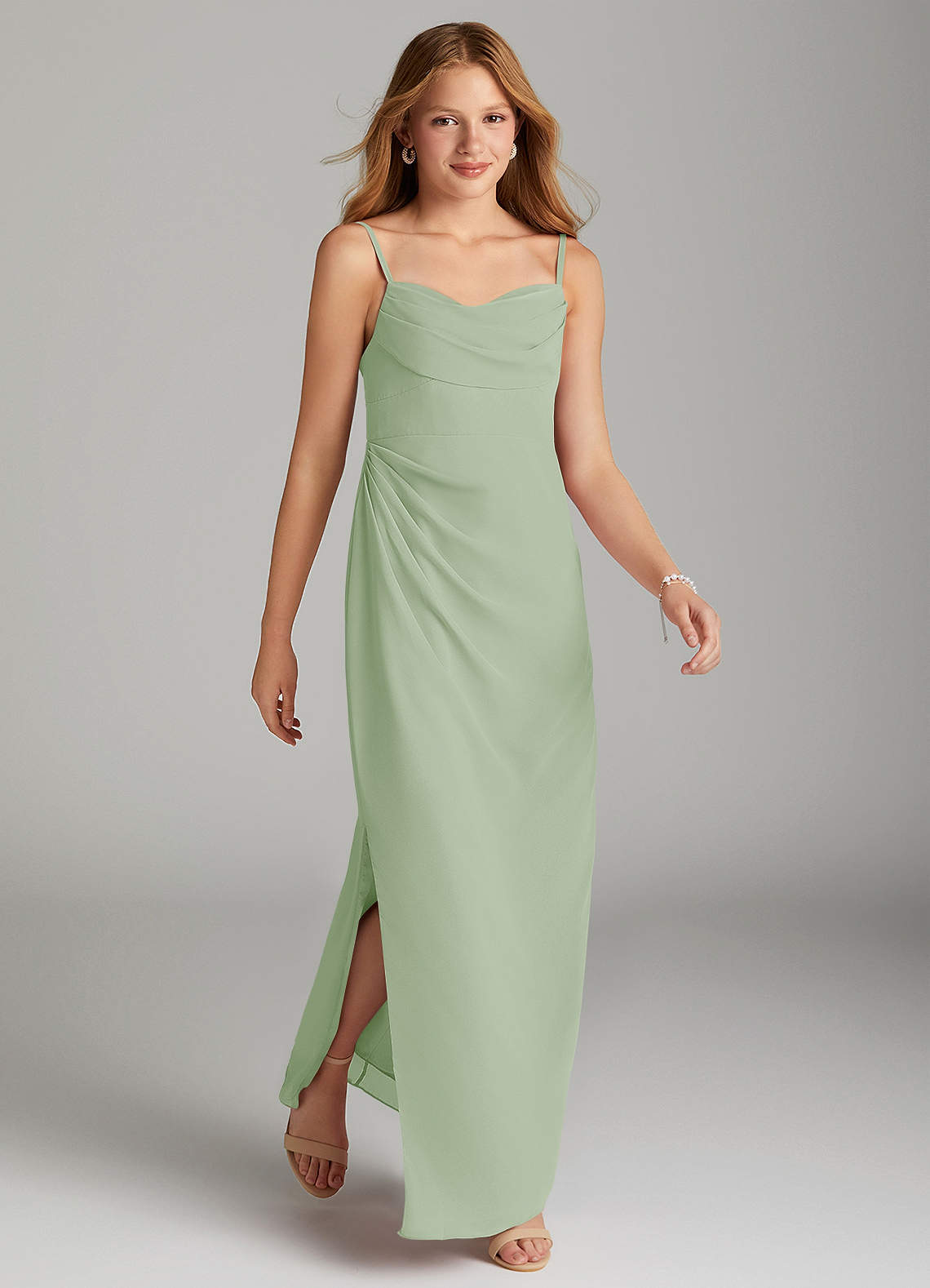 Azazie Mai Junior Dusty Sage Sheath Pleated Chiffon Dress image3