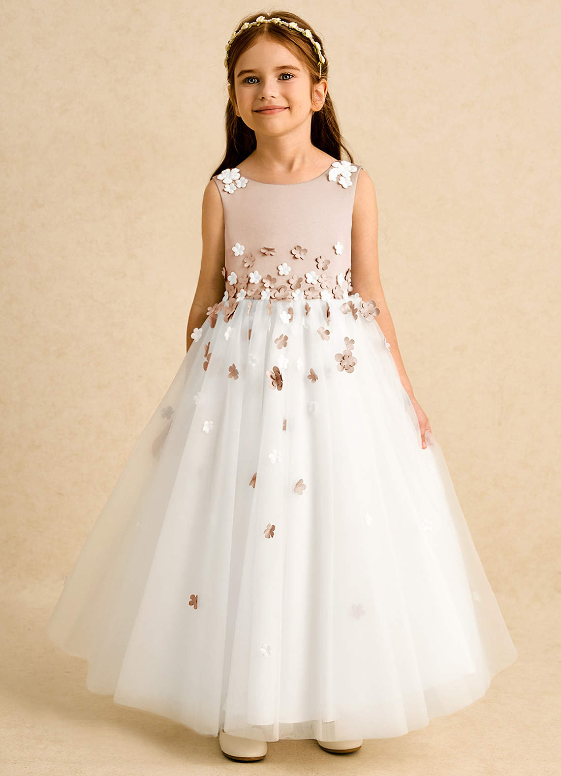 Azazie Eleni Blumenmädchenkleider Ballkleid Schleifen Tüll Kleid Elfenbein Englisches Rosa image1