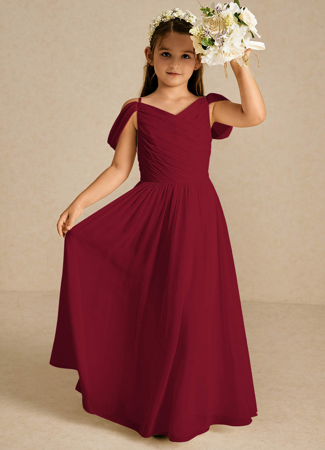 Azazie Chelle Blumenmädchenkleider A-Linie Plissee Chiffon Kleid Burgunderrot image1