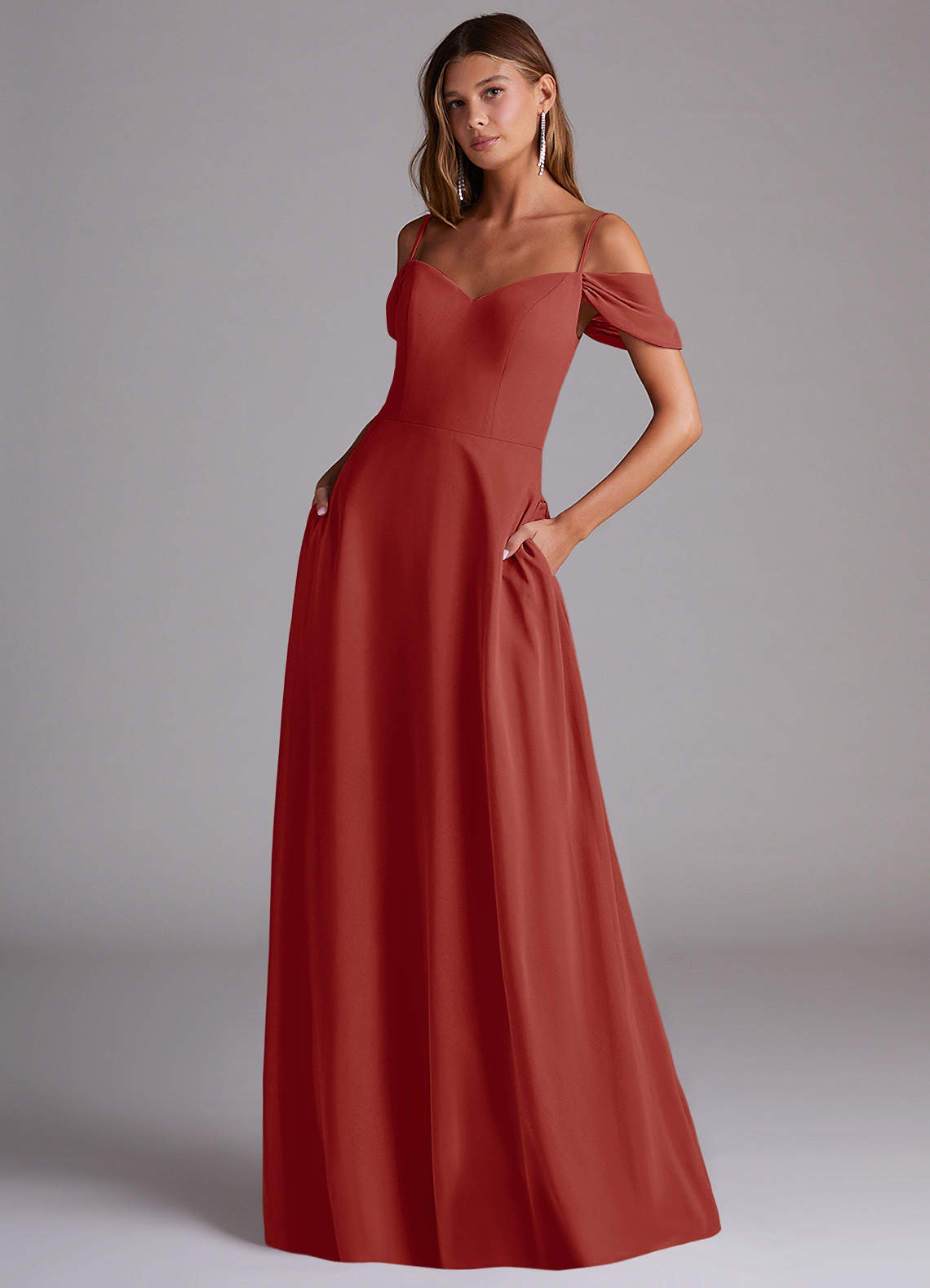 Azazie Marley Bridesmaid Dresses Terracotta A-Line Off the Shoulder Chiffon Convertible Dress image1