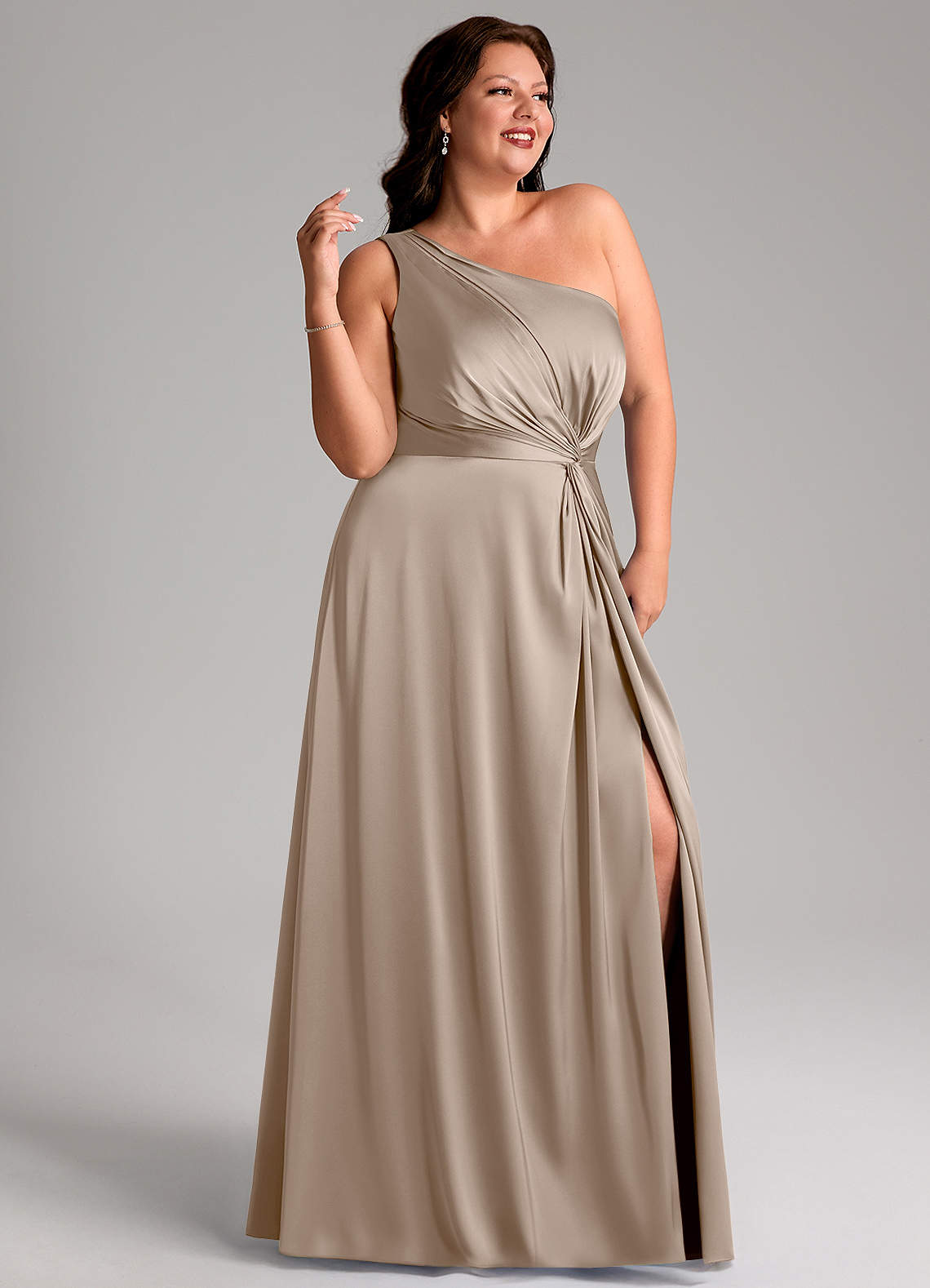 dark taupe bridesmaid dresses Azazie Plus Size A-Line One-Shoulder Floor-Length Stretch Satin Lanvin Satin Ball Gown Bin-111419-SD1 Shiny satin The dresses are unhemmed Color:Light Teal
