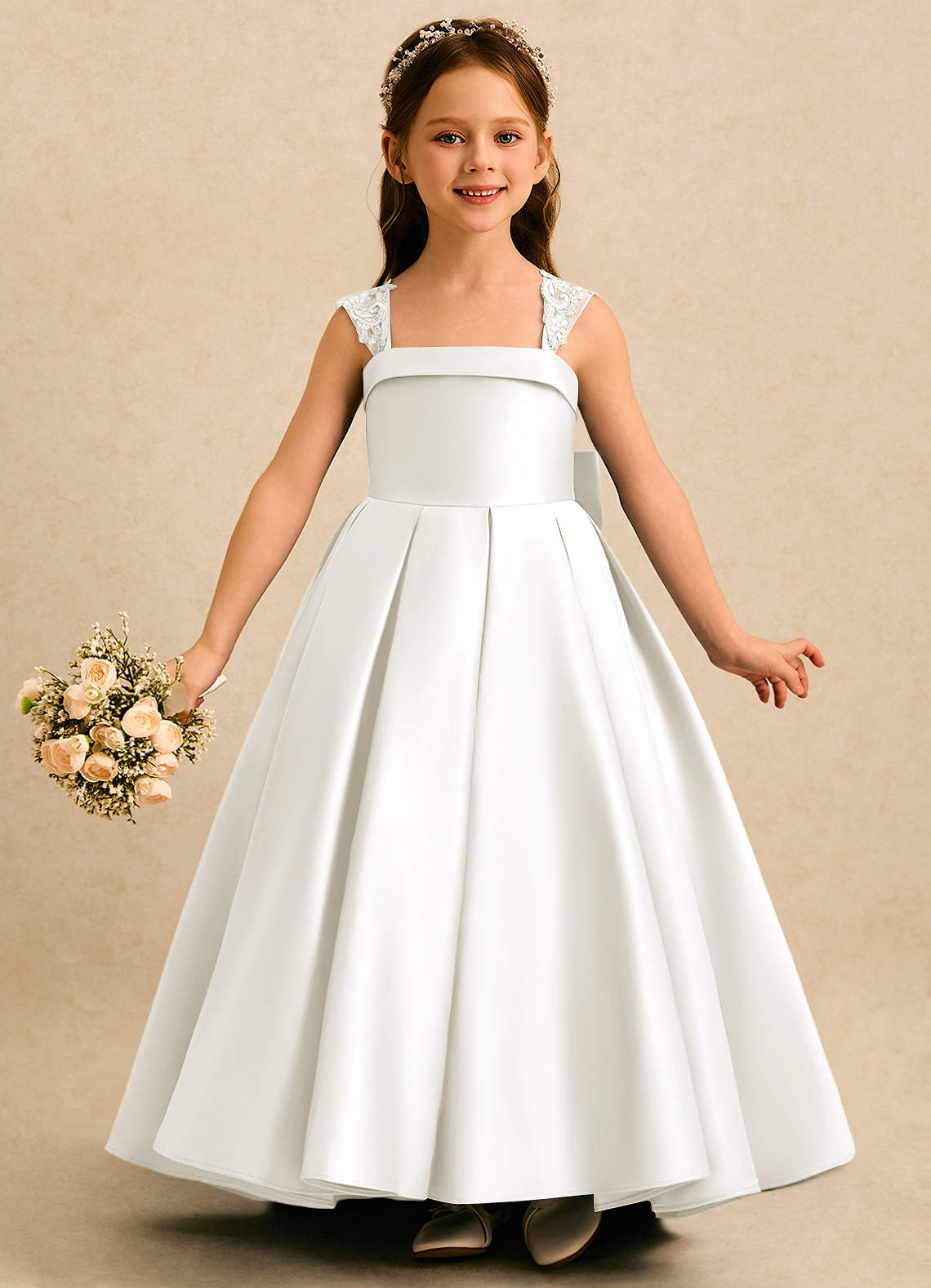 Azazie Genie Flower Girl Dresses Ivory Ball-Gown Off the Shoulder Matte Satin Dress image2