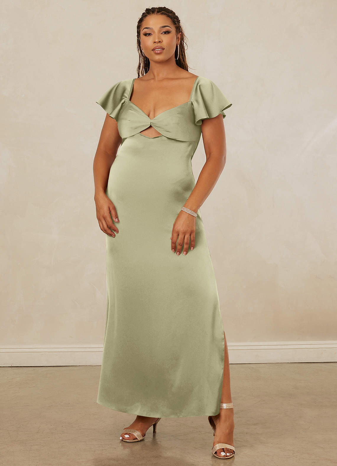 Christian Siriano Bridal for Azazie 1005 Bridesmaid Dresses Flutter Sleeve Stretch Satin Sheath Dress image8