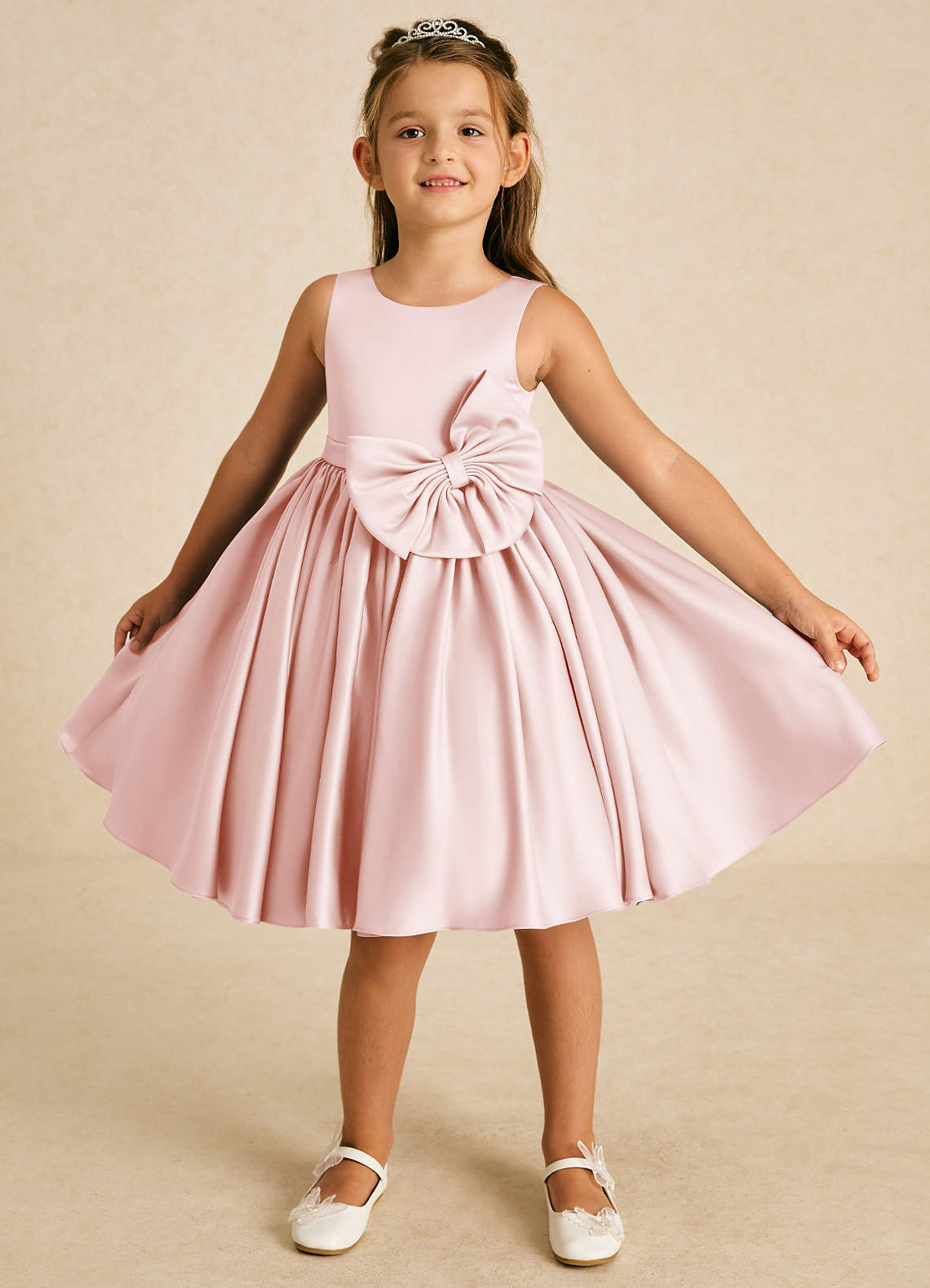 Azazie Apple Flower Girl Dresses Blushing Pink A-Line Bow Matte Satin Dress image1