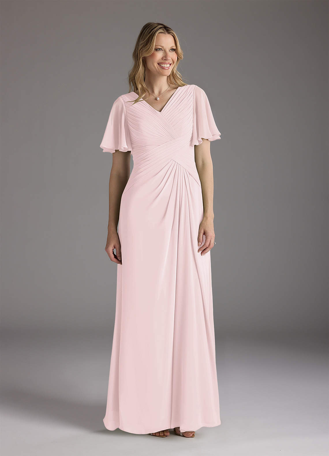Azazie Morning Glory Mother of the Bride Dresses Blushing Pink A-Line V-Neck Ruched Chiffon Dress image1