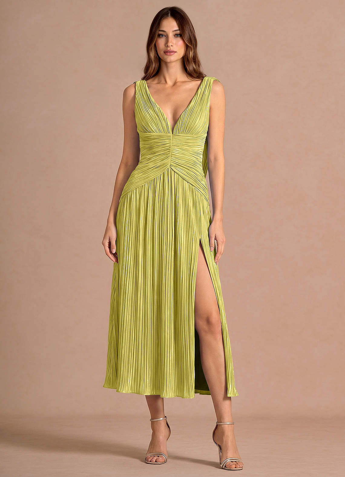 Azazie Plunging Column Midi Cocktail Dresses in Pale Yellow