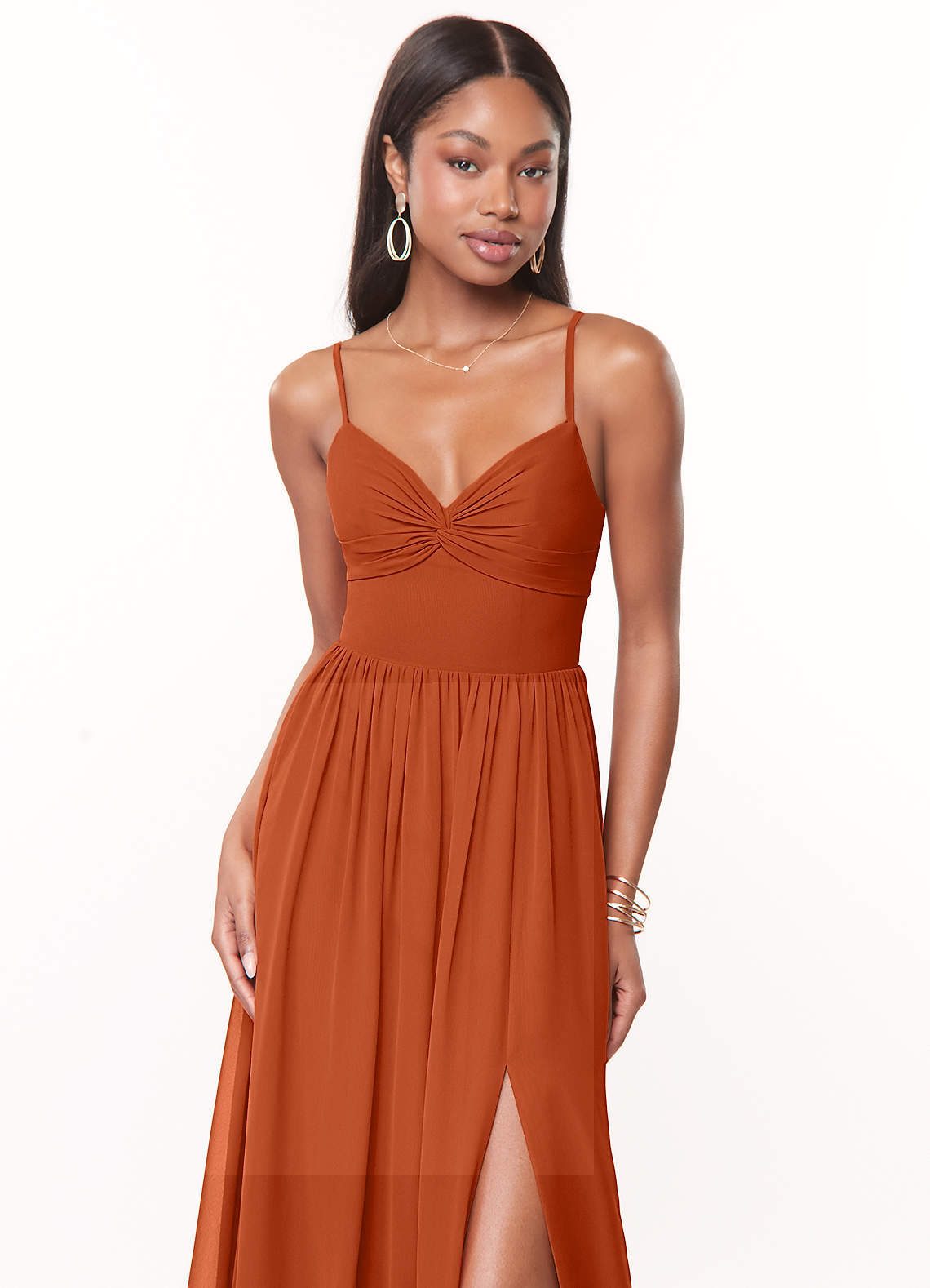 Azazie Zeya Bridesmaid Dresses Burnt Orange A-Line V-Neck Pleated Chiffon Dress image4