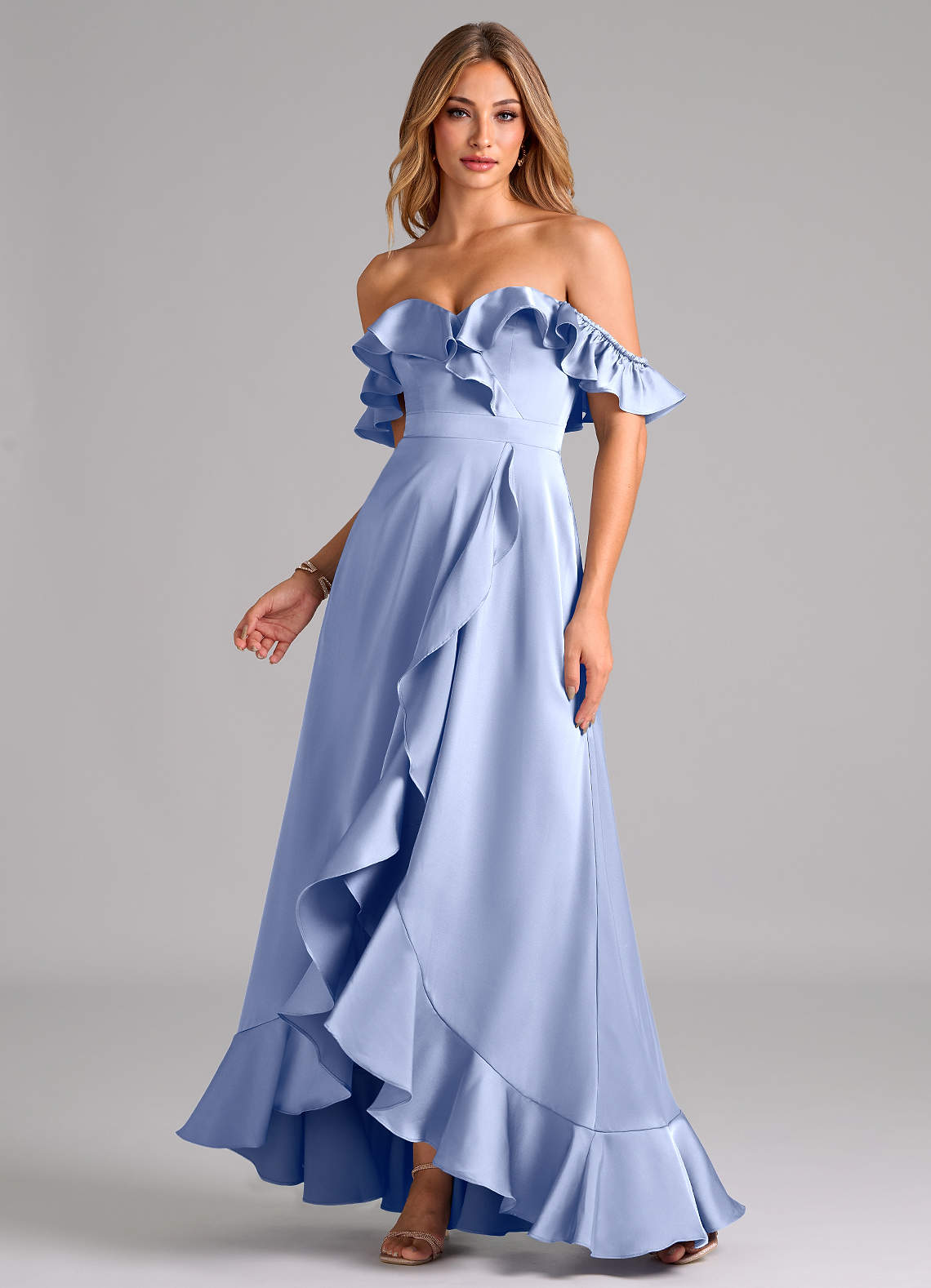 Azazie Lyra Bridesmaid Dresses Ice A-Line Off the Shoulder Stretch Satin Convertible Dress image1