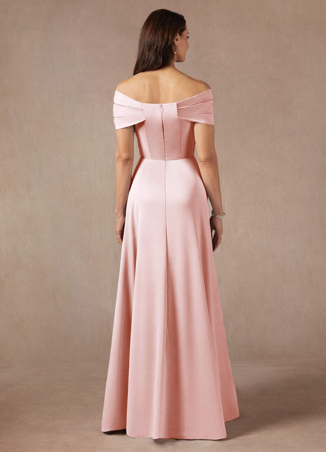 Azazie Amelia Mother of the Bride Dresses Blushing Pink A-Line Off the Shoulder Stretch Satin Dress image5