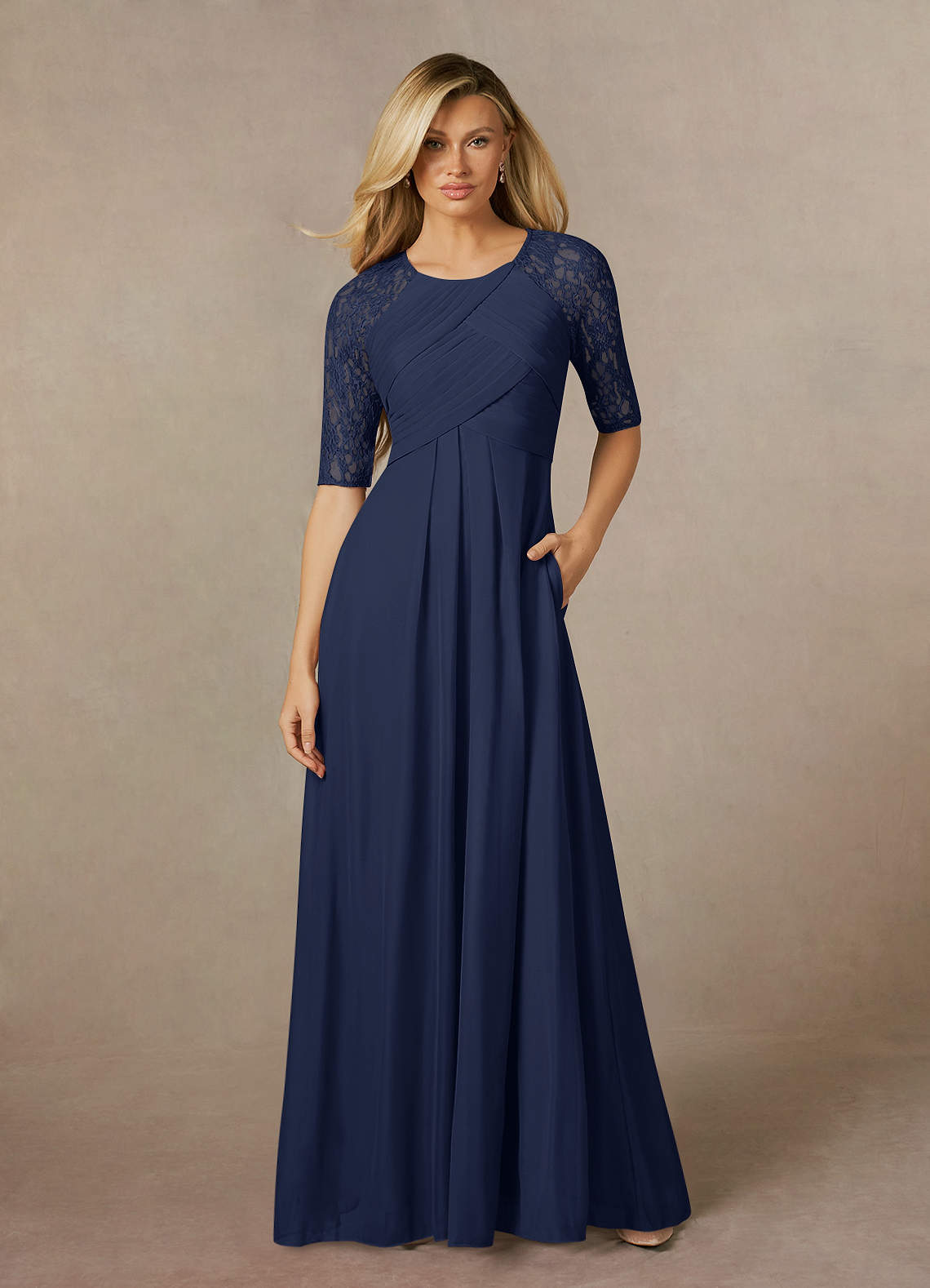 Azazie Raelyn At-home Try On Dresses Dark Navy A-Line Lace Mesh Dress image1