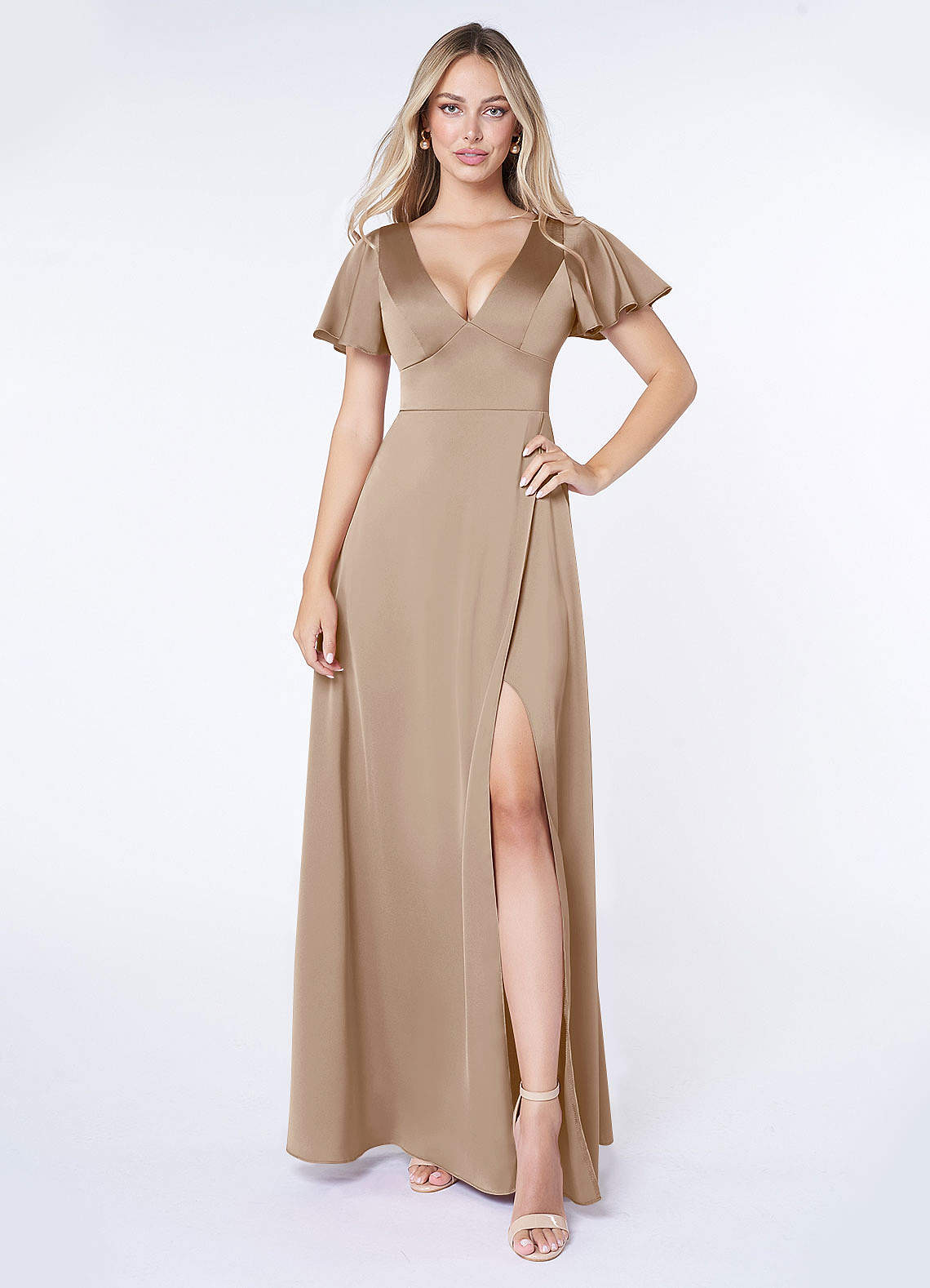 Azazie Lani Bridesmaid Dresses Taupe A-Line Flounce Sleeve Stretch Satin Dress image1