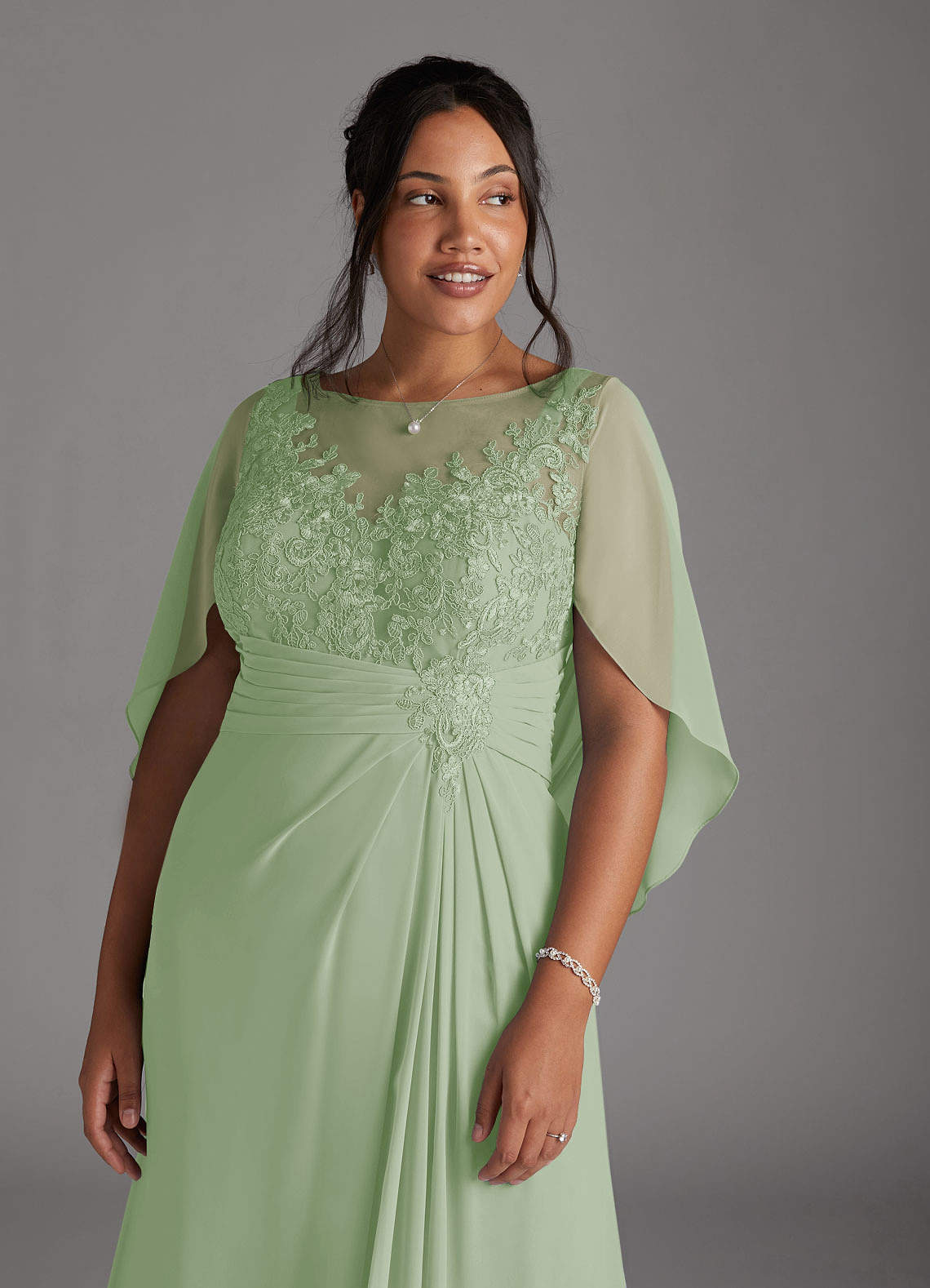 Azazie Hera Mother of the Bride Dresses Dusty Sage A-Line Lace Capelet Chiffon Dress image10