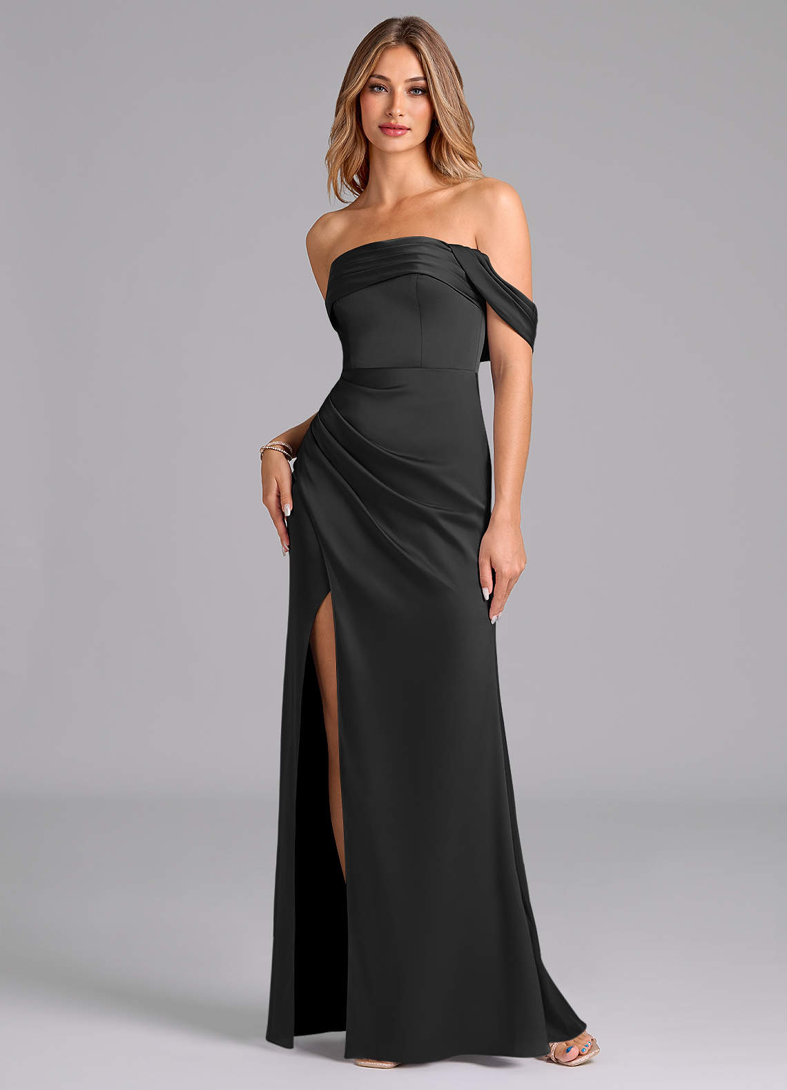 Azazie Lisbeth Bridesmaid Dresses Black Mermaid Off the Shoulder Stretch Satin Convertible Dress image1