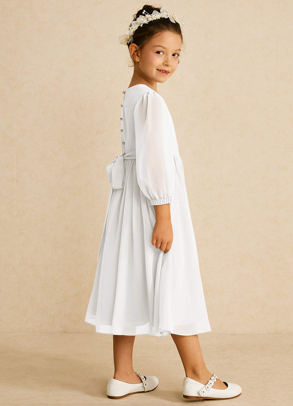 Azazie Lolo Flower Girl Dresses Diamond White A-Line with Sleeves Chiffon Dress image3