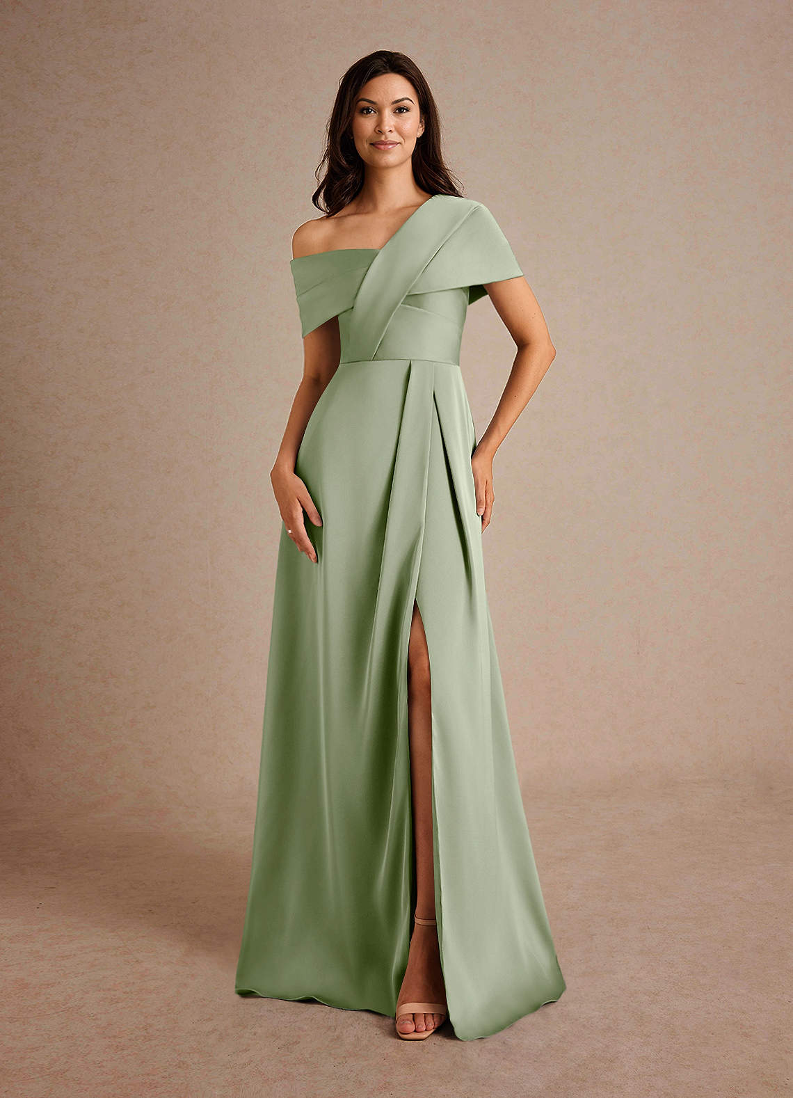 Azazie Milton Mother of the Bride Dresses Dusty Sage A-Line Pleated Stretch Satin Dress image4