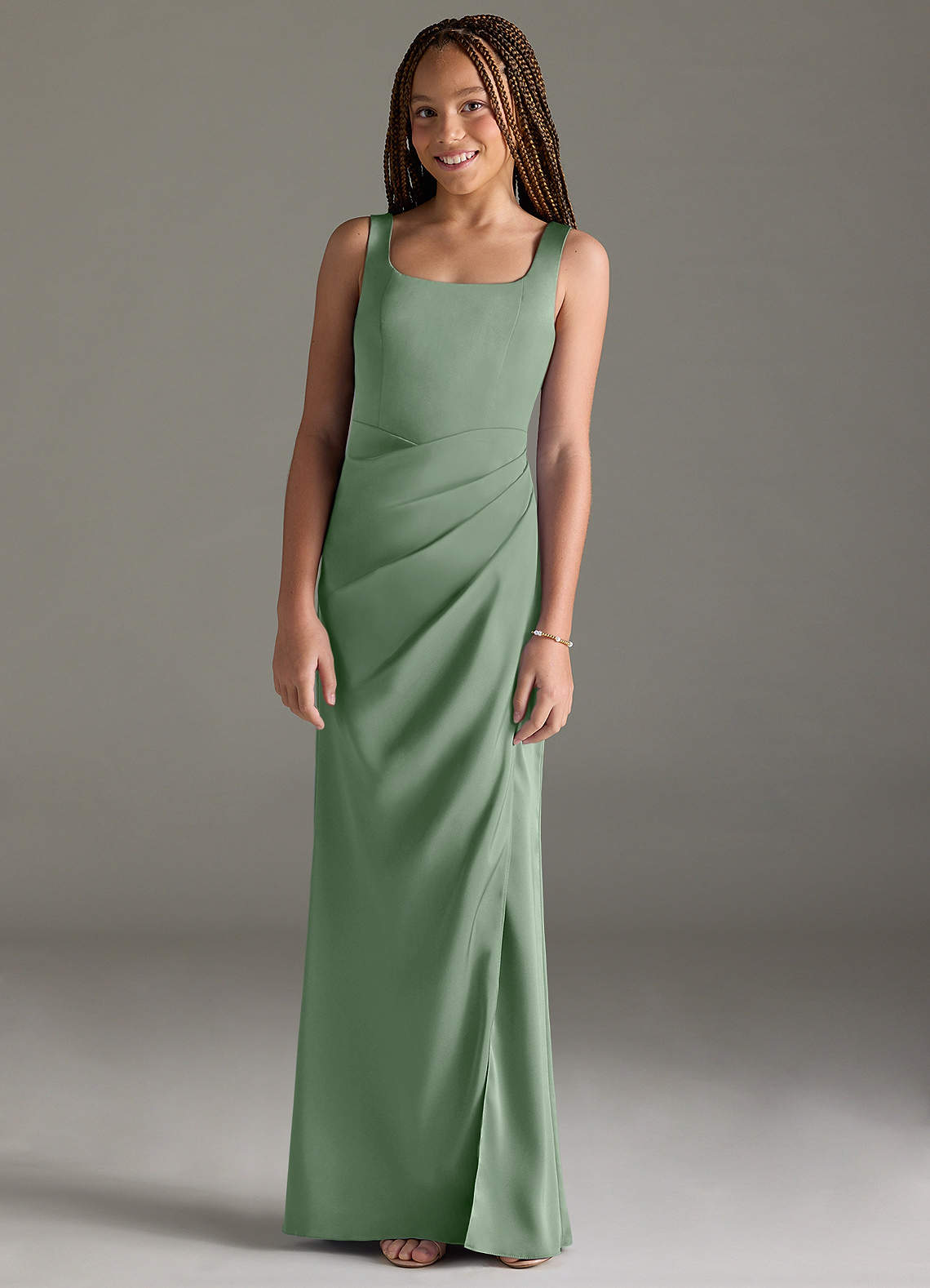 Azazie Mero Junior Matcha Mermaid Pleated Stretch Satin Dress image1