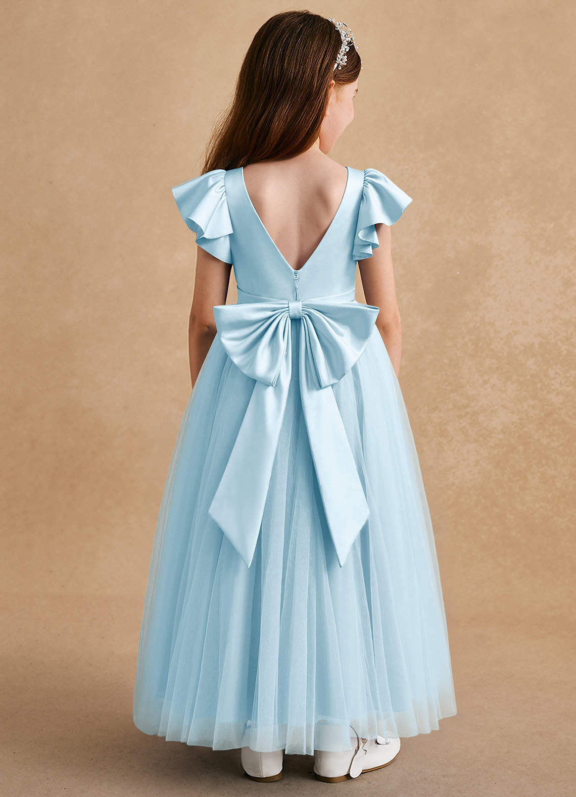 Azazie Suzy Abiti da Ragazza di Fiori Abito A-Line in Tulle Con Maniche Azzurro image1