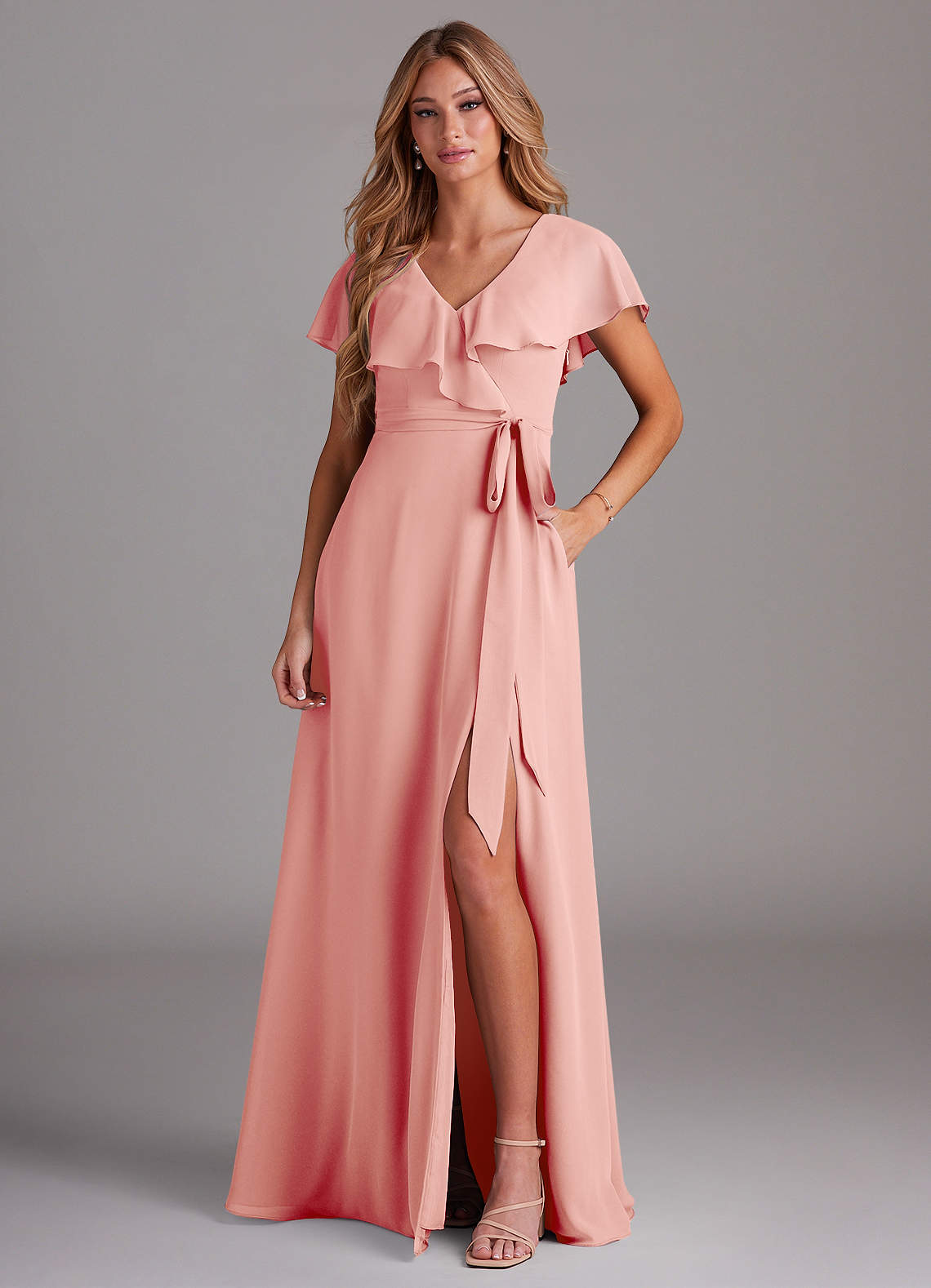 Azazie Lainey Brautjungfernkleider A-Linie mit Taschen Chiffon Kleid Rosettenrosa image1