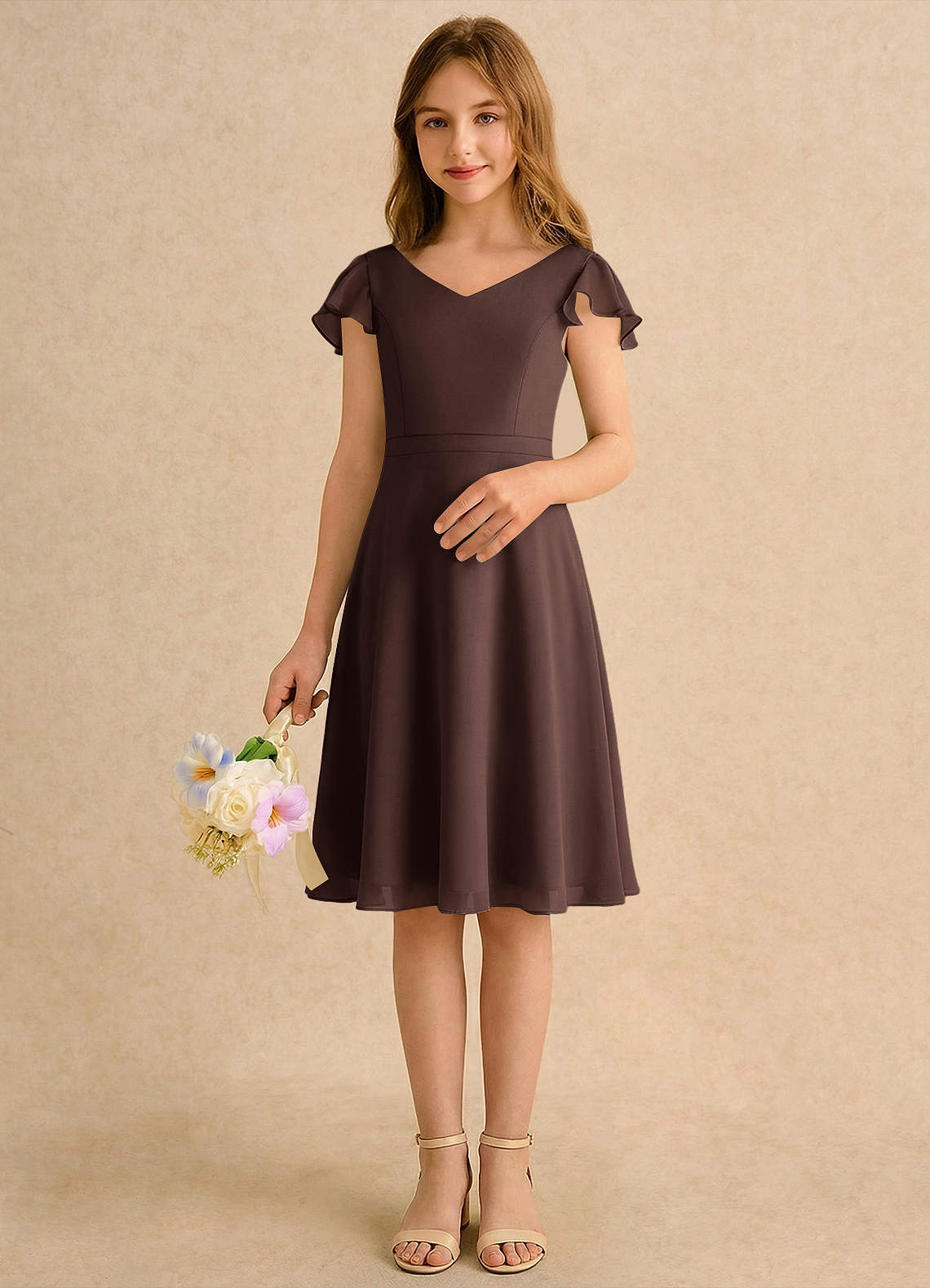 Azazie Narin Girls Formal Flower Girl Dresses Ganache A-Line with Sleeves Chiffon Dress image2