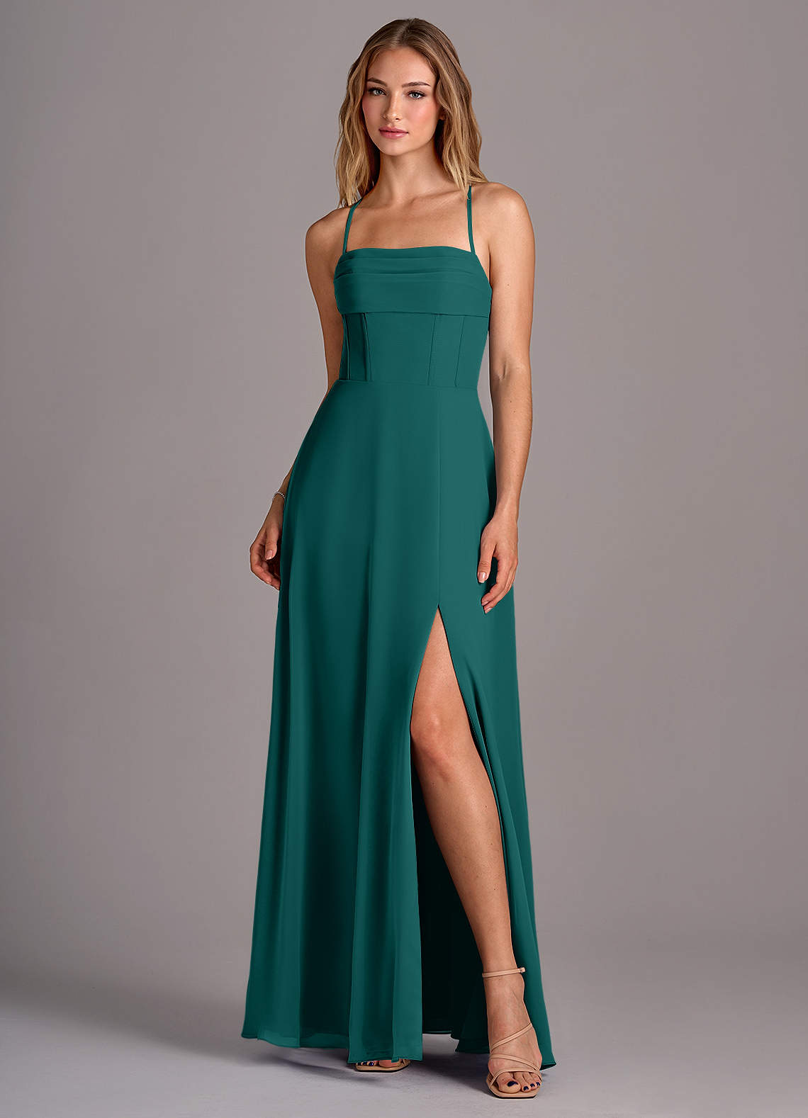 Azazie Carolyn Bridesmaid Dresses Peacock A-Line Pleated Chiffon Dress image1
