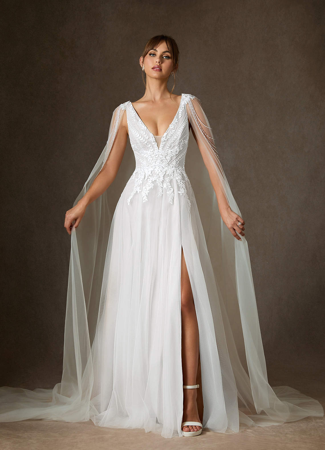 Azazie Goddess Wedding Dresses Diamond White A-Line V-Neck Sequins Tulle Dress image1