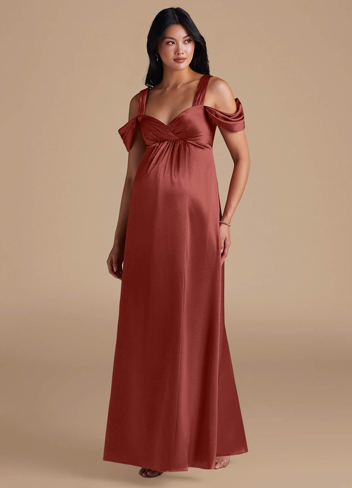 Azazie Rhea vestidos de dama de honor de maternidad Vestido de Corte En A Plisado Hasta el suelo Satén Metálico image4