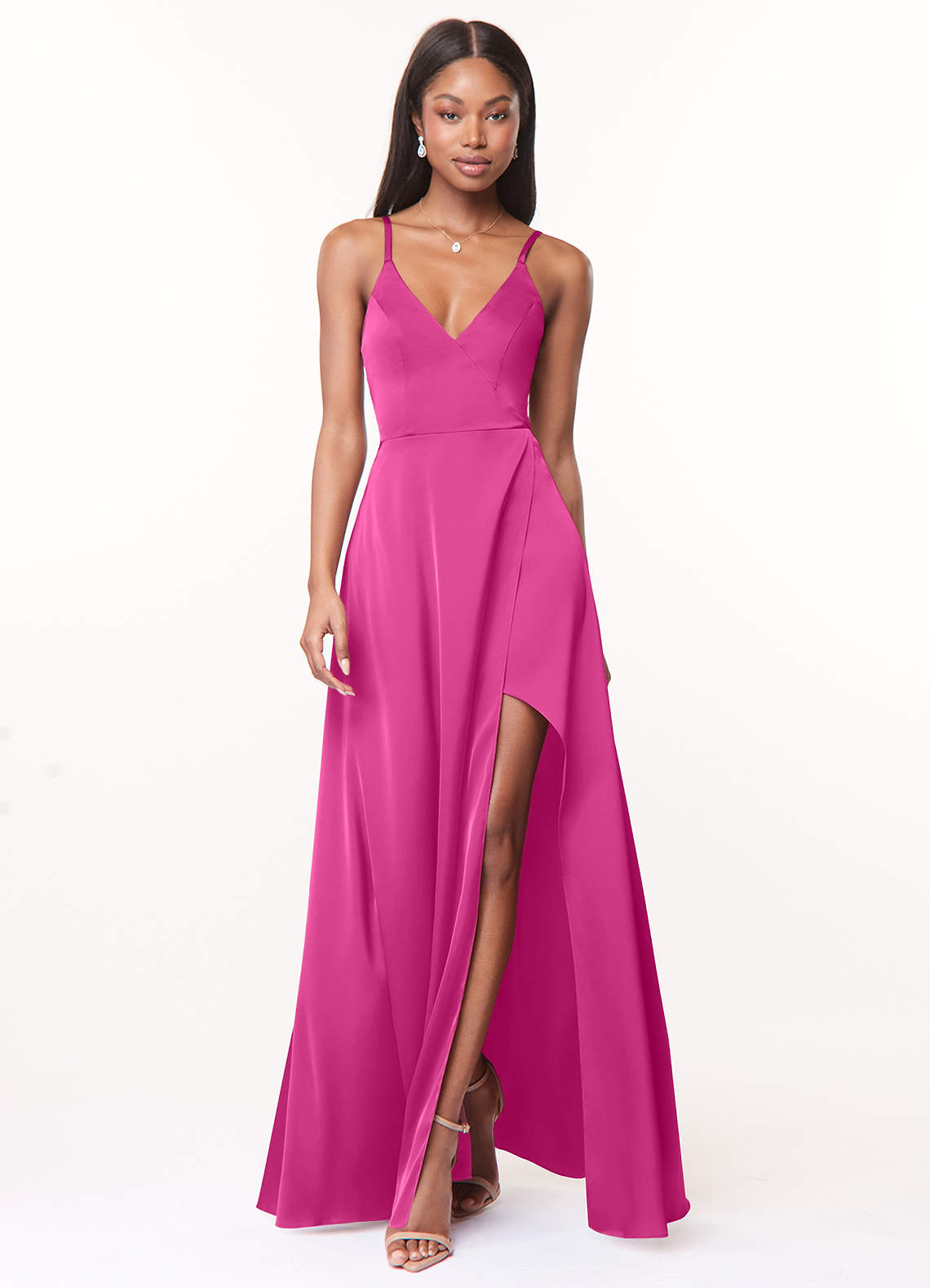 Azazie Maksim Bridesmaid Dresses Fuchsia A-Line V-Neck Stretch Satin Dress image1