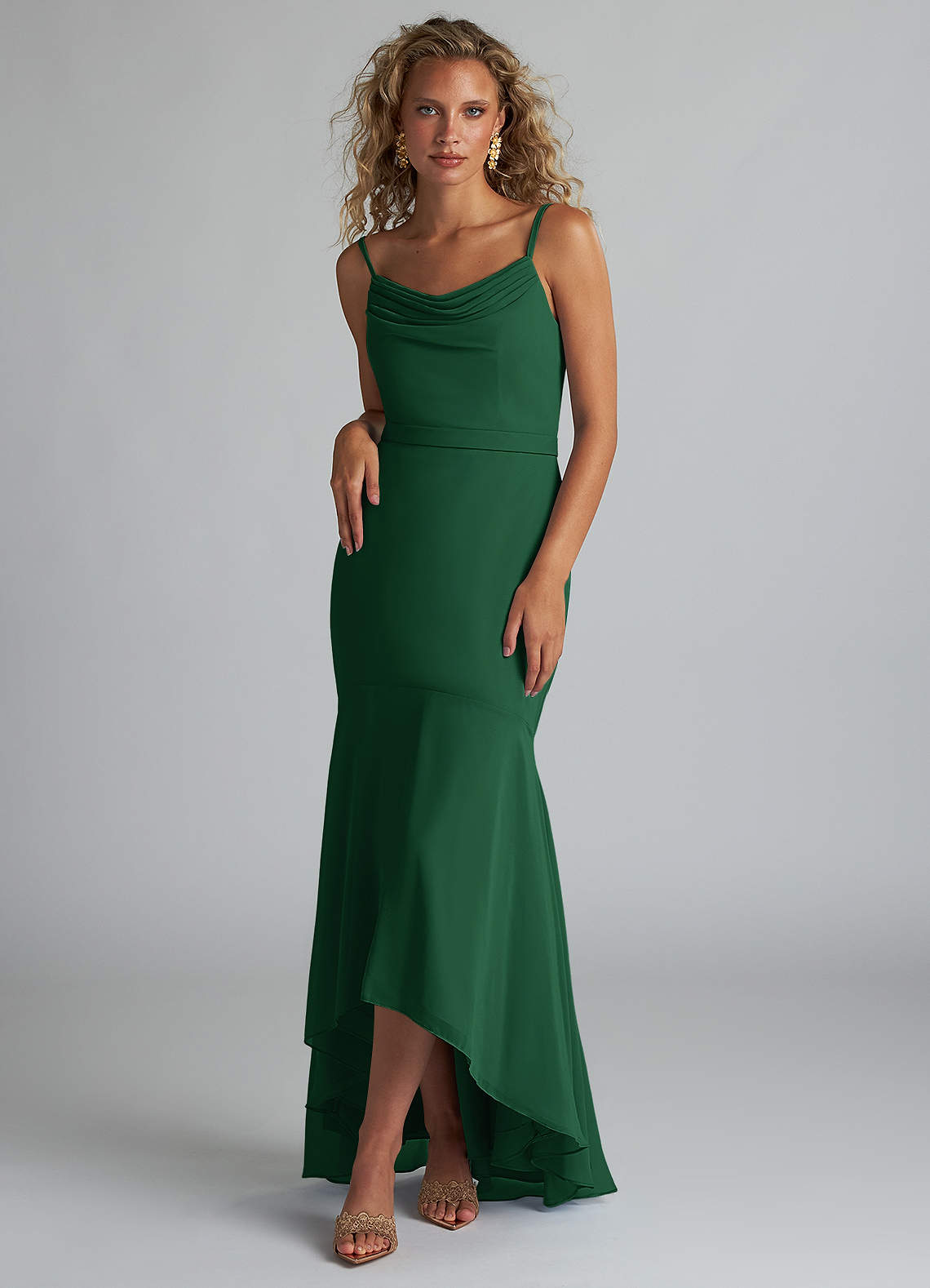 Azazie Summer Bridesmaid Dresses Dark Green Mermaid Scoop Cowl Chiffon Dress image1