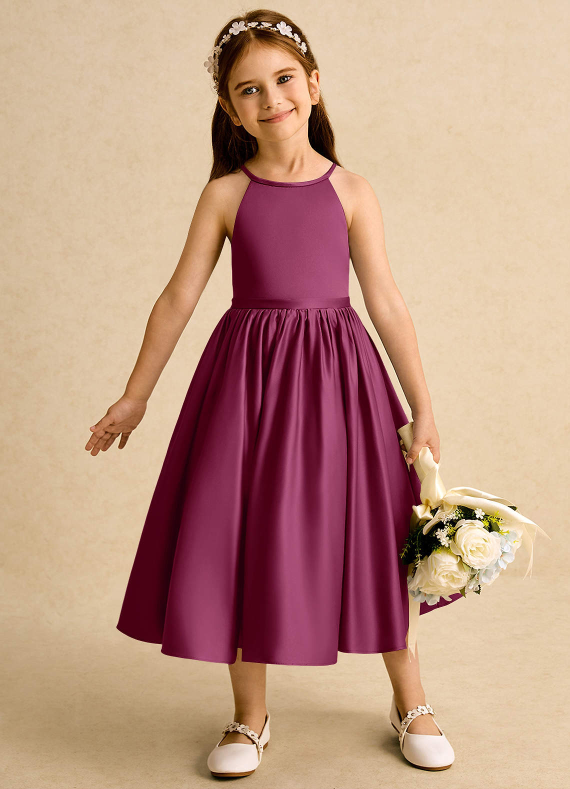 Azazie Indi Flower Girl Dresses Mulberry A-Line Bow Matte Satin Dress image1